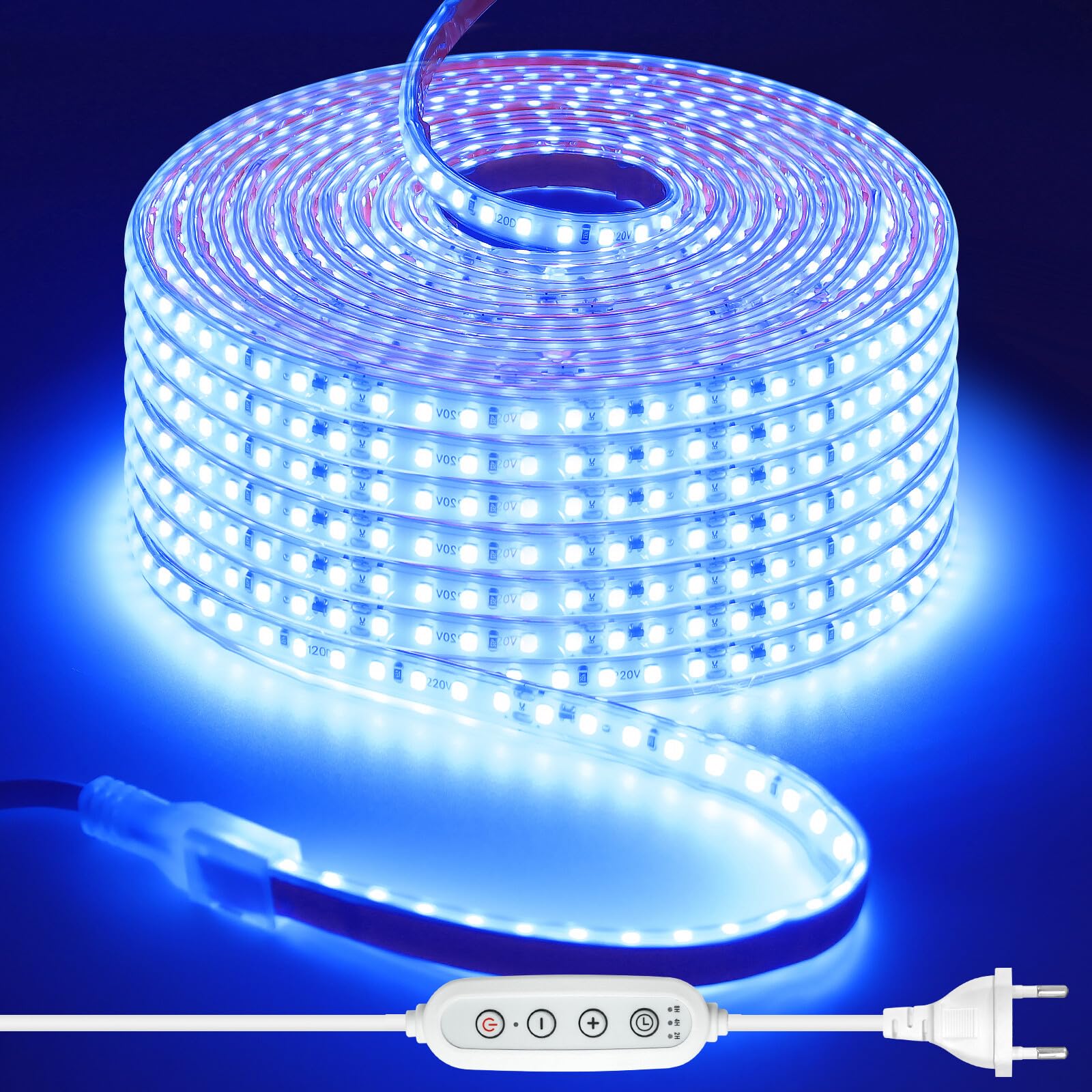 220V Tira LED regulable/temporizable [20M, Azul], flexible e impermeable IP65, 120 LEDs/m tira LED SMD2835 CRI85+, iluminación decorativa para el hogar