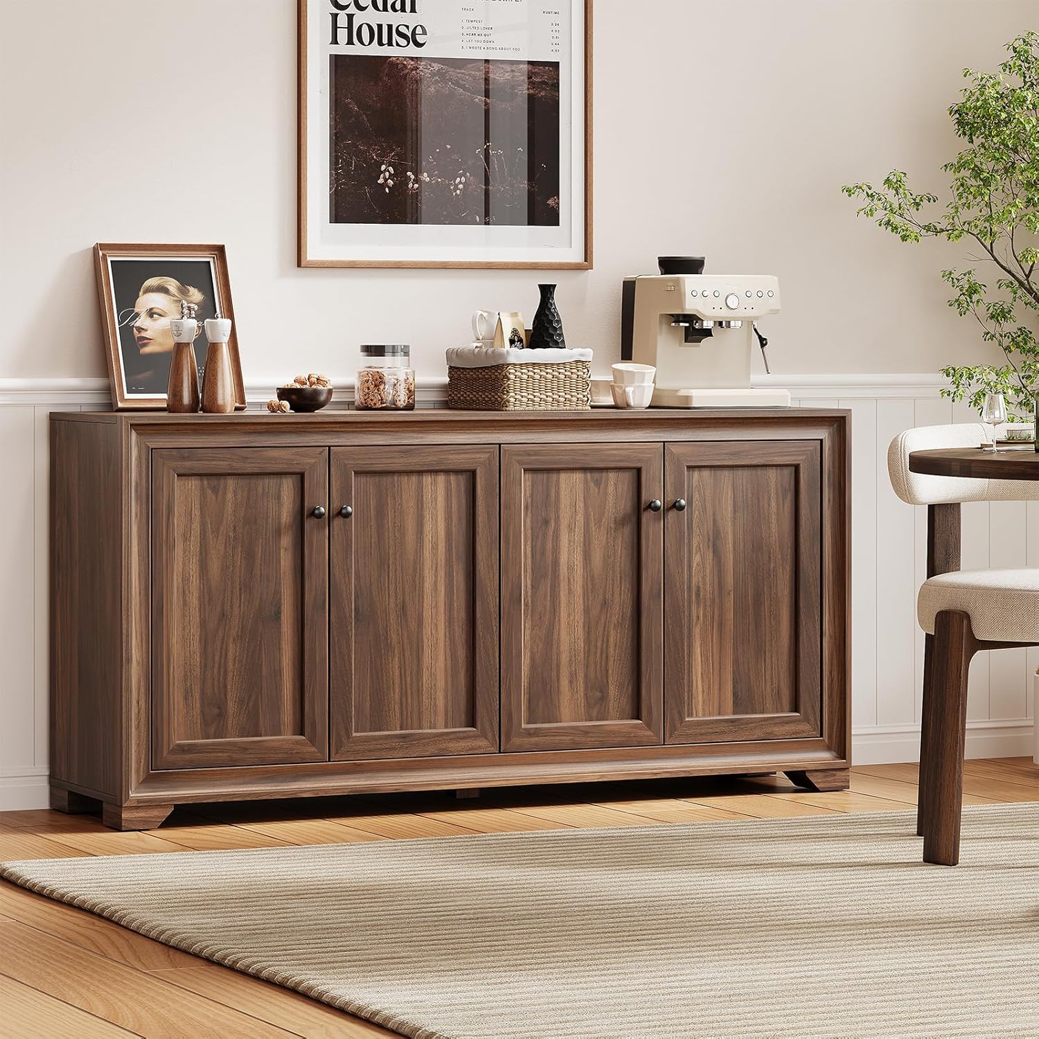 ONBRILL 60" Buffet Cabinet with Storage, 4 Doors Sideboard Buffet Cabinet with Adjustable Shelves, Modern Coffee Bar Console Table for Living Room, Kitchen, Entryway, Brown