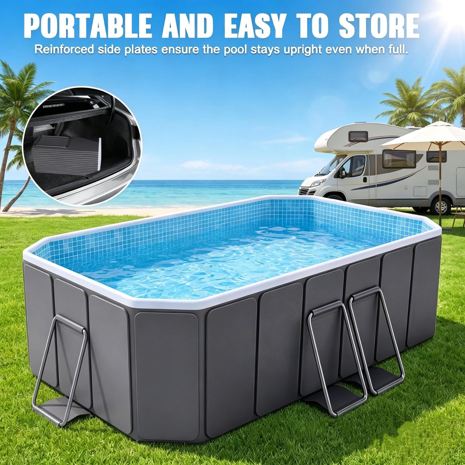 Piscina grande para perros grandes, tamaño exterior 200 x 135 x 50 cm, piscina plegable de lado duro con marco de acero, piscina no inflable para mascotas, fácil drenaje, puerto de filtro, gris