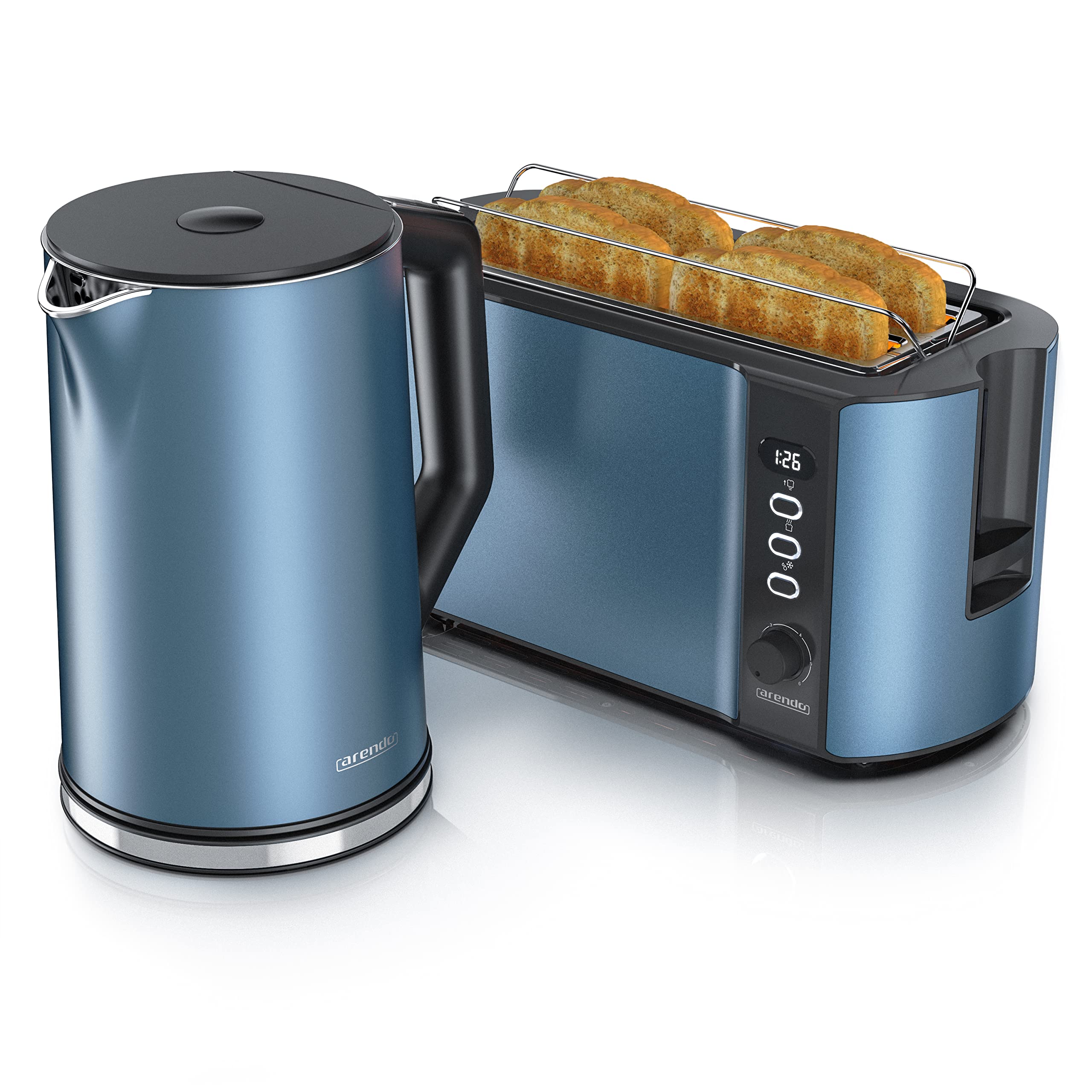 Arendo Wasserkocher Toaster SET Edelstahl Blau 1,5L 40-100°C 4 Scheiben LED-Display