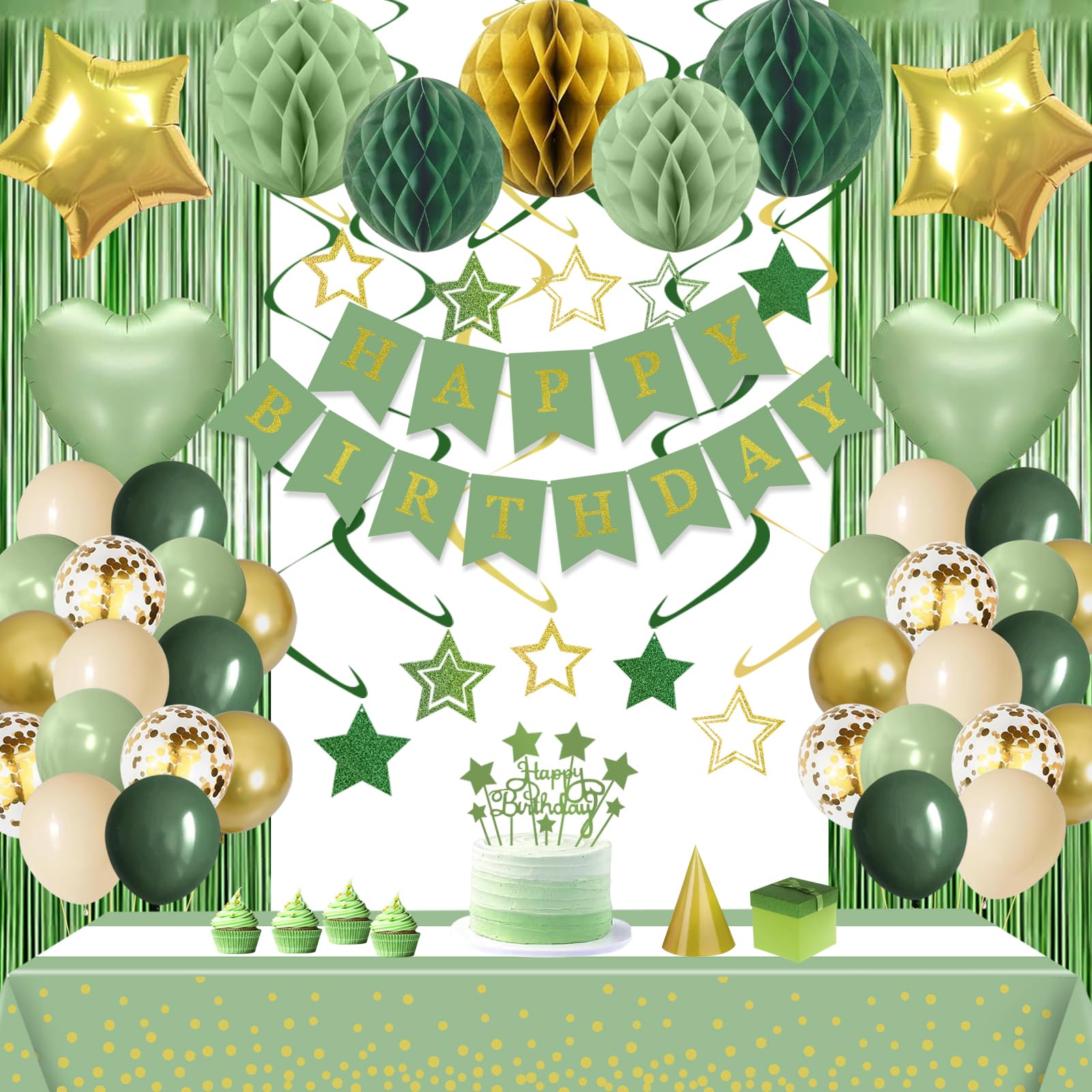 Sage Green Gold Birthday Party Decorations Supplies Happy Birthday Banner Honeycomb Balls Fringe Curtain Foil Balloons Hanging Swirls Cake Topper