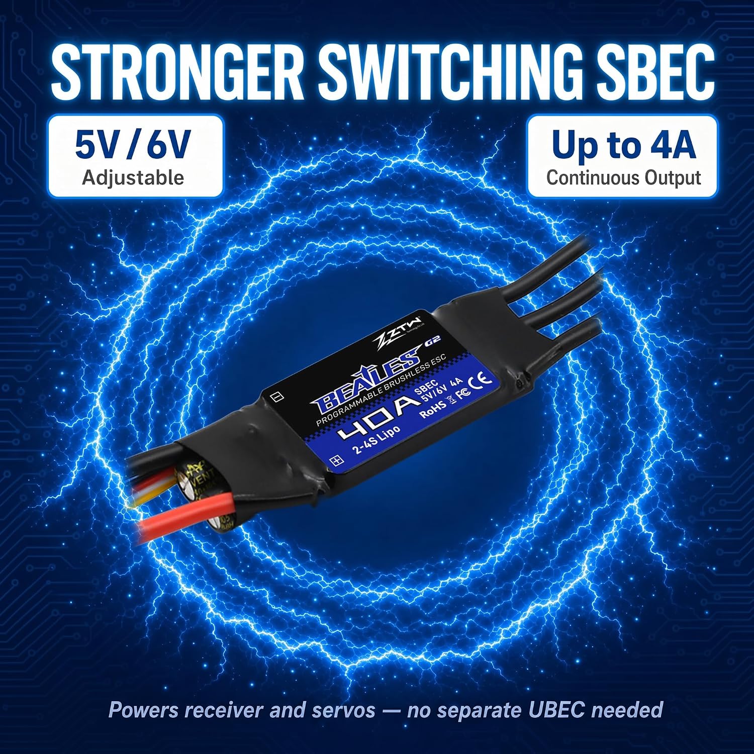 ZTW Beatles G2 40A ESC 2-4S Built-in Switching BEC 5V/6V 4A Brushless Speed Control for RC Airplane Aircraft Fixed-Wing