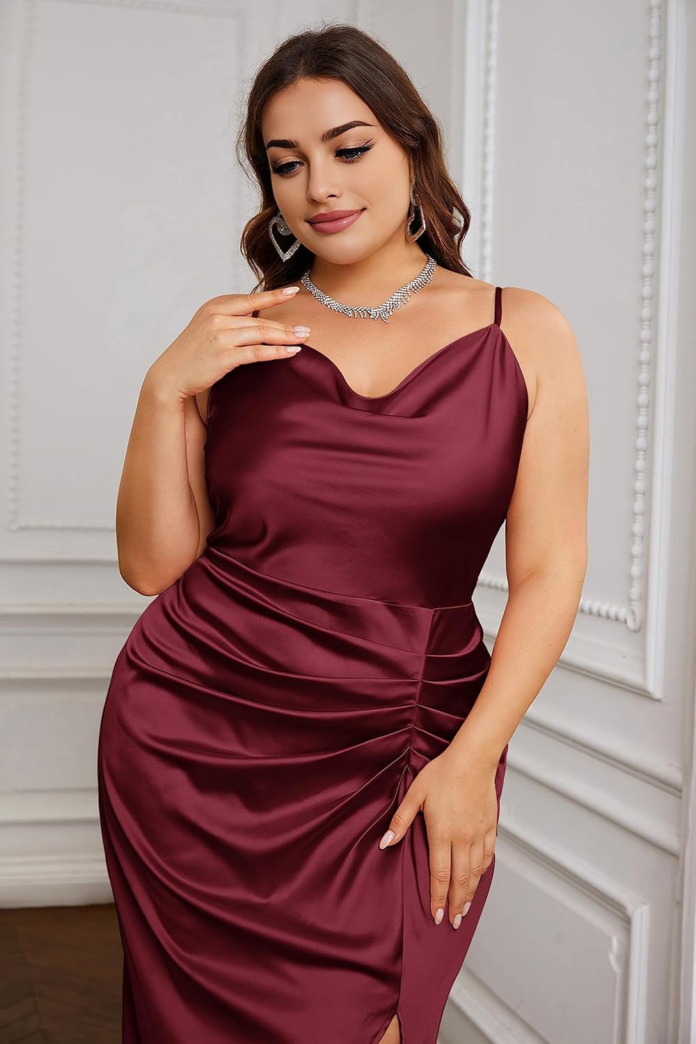 KIMCURVY Women's Plus Size Satin Dress Ruched Spaghetti Strap Cowl Neck Midi Party Cami Dress for Cocktail Party - Image 6
