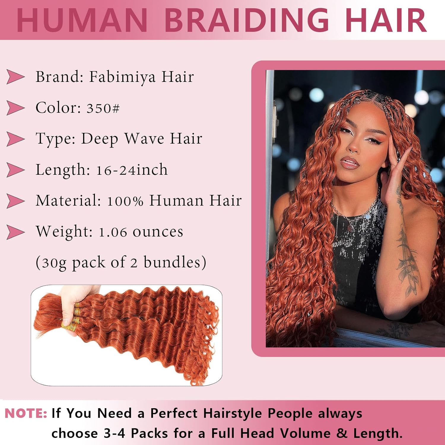 Deep Wave Human Braiding Hair 2 Bundles Total 100g 18 Inch Ginger Orange 350 Bulk Bundles Braiding Brazilian Virgin Curly Human Hair Extensions for Boho Braids
