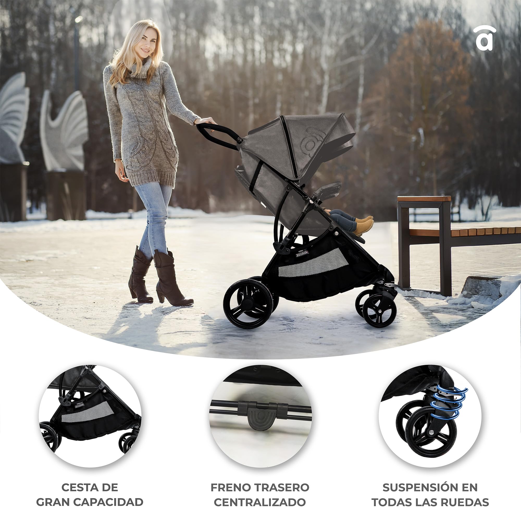 Asalvo DOBLE BRO Silla paseo Gemelar, Carrito Doble, Reclinable y Plegable, Silla para Gemelos y Hermanos, Ligera, Compacta, Desde Nacimiento hasta 22 kg, Carga máx 46,5 kg, Capota con Ventana, Gris