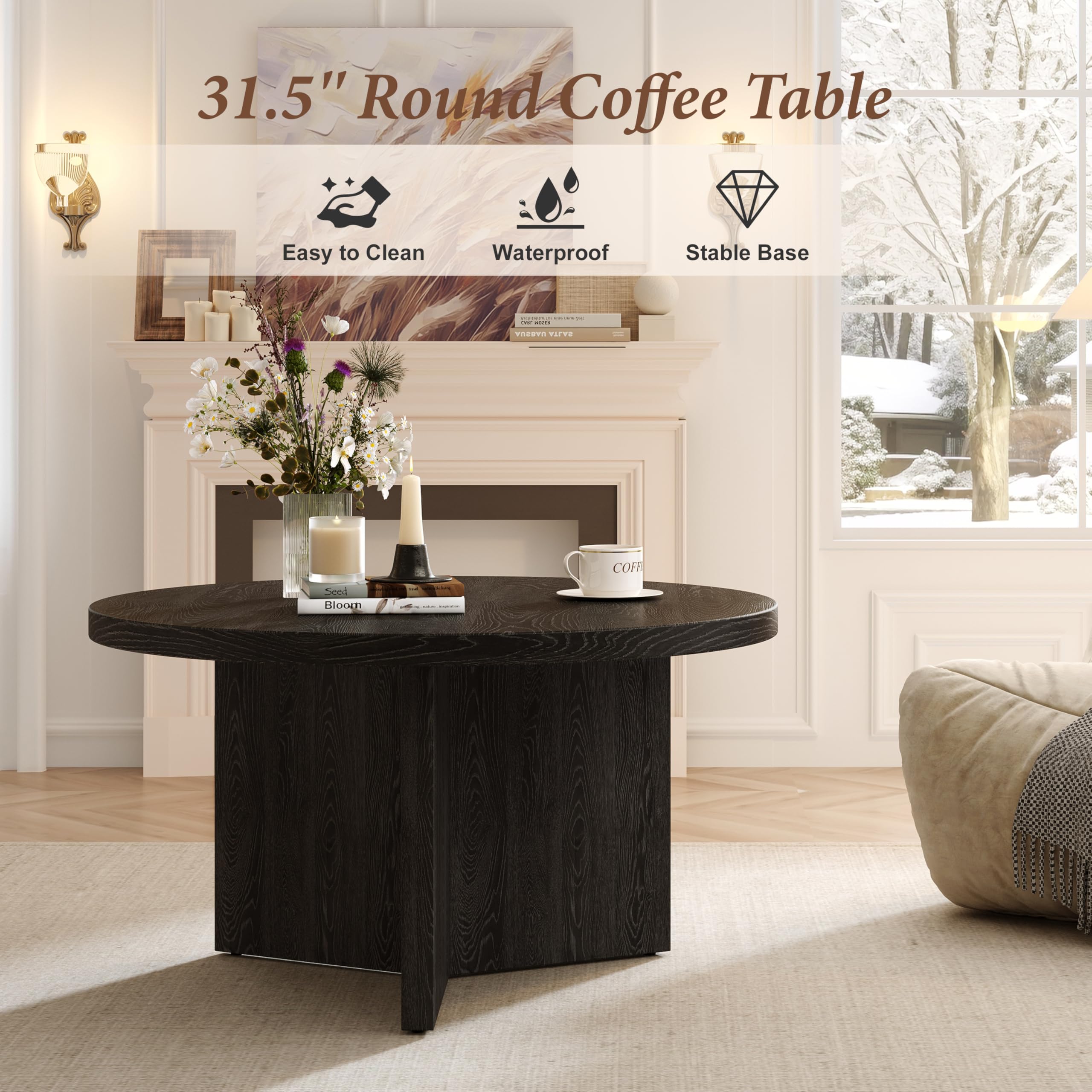 Luoxiao Round Coffee Table 27.5" Modern Black Coffee Tables for Living Room | Small Center Tables for Apartment, Rounded Edges, Sturdy Construction,Thick Tabletop, Easy Assembly, Circle Accent Table