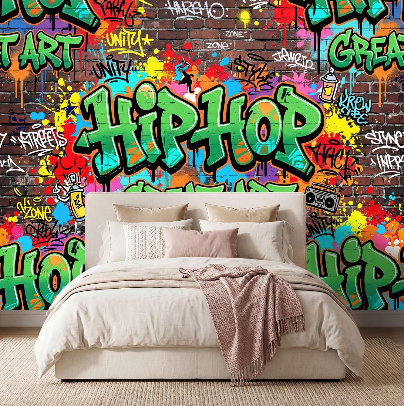 Modern Graffiti Wald Panorama Fototapete 400 x 280 cm, Tintenspritzer Buchstaben Ziegelwand Vlies Tapeten Wandtapete, Bunt Wandbilder Tapete für Wohnzimmer Schlafzimmer Apartment Flur Dekoration