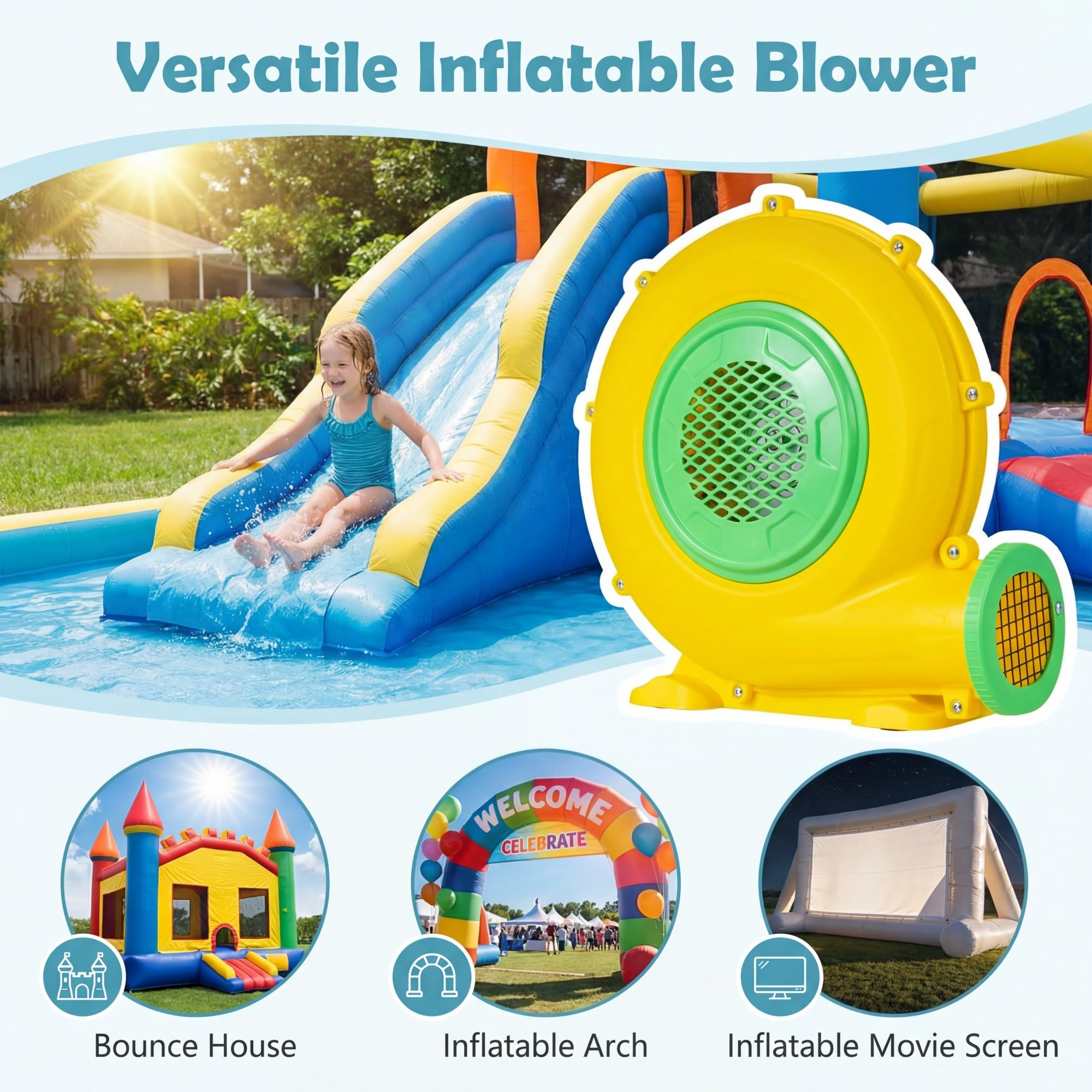 GIANTEX Soffiatore per Castello Gonfiabile 550W/680W/950W, Soffiatore Elettrico con Griglia di Protezione&Maniglia Pratica&4 Picchetti, Pompa d'Aria Elettrica per Scivolo Acquatico (950W)