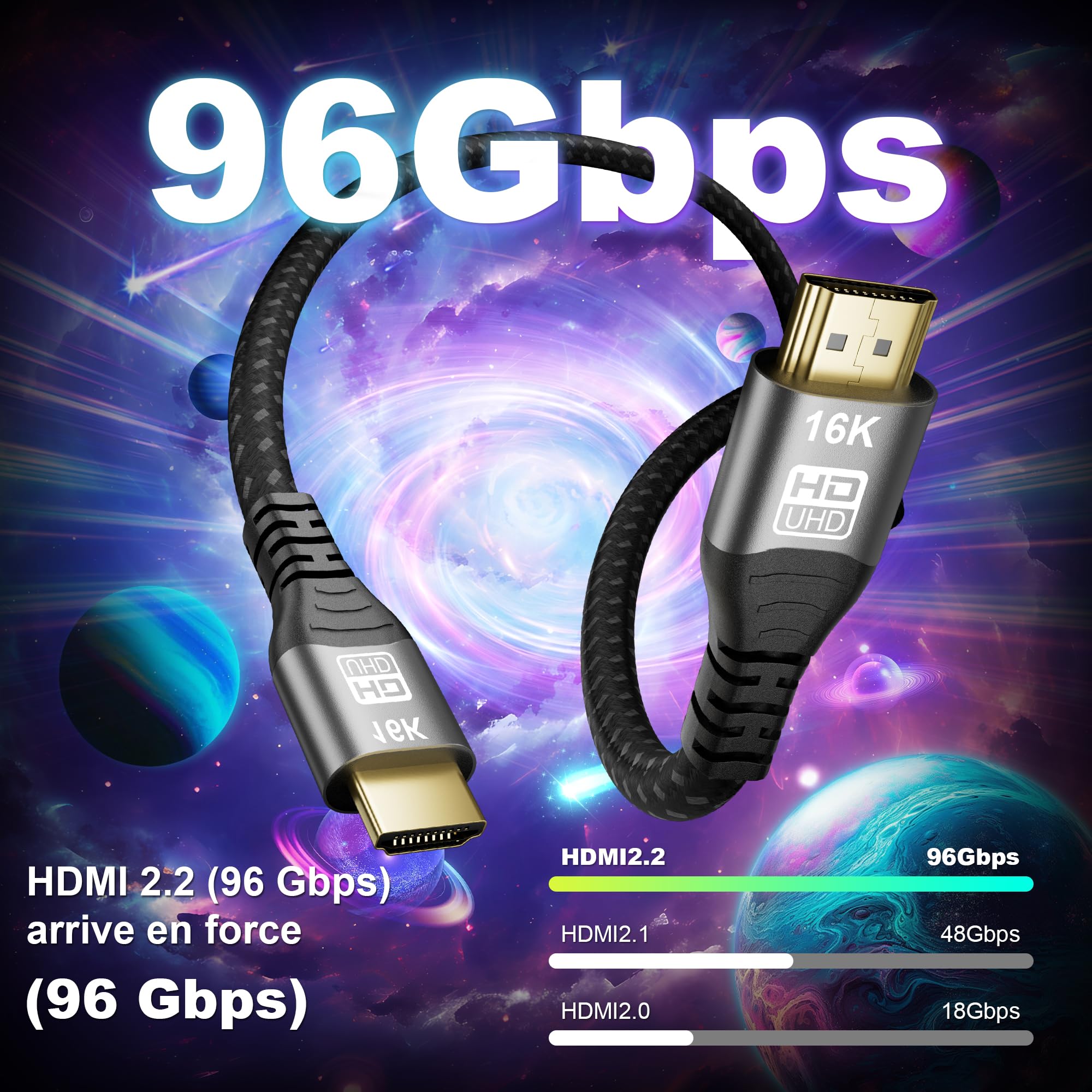 CAKOBLE Câble HDMI 2.2 2m, 96Gbps Ultra-High-Speed, 16K@60Hz,12K,8K@240Hz,4K@480Hz, pour câble hdmi 2.1 eARC, HDR10+, Dolby Atmos/Vision, HDCP 2.3, pour PS5, Xbox, Soundbar, Fire TV, Laptop, HDTV