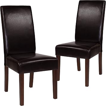 BizChair 2 Pack Brown LeatherSoft Upholstered Parsons Chair w/Panel Stitching &Mahogany Legs