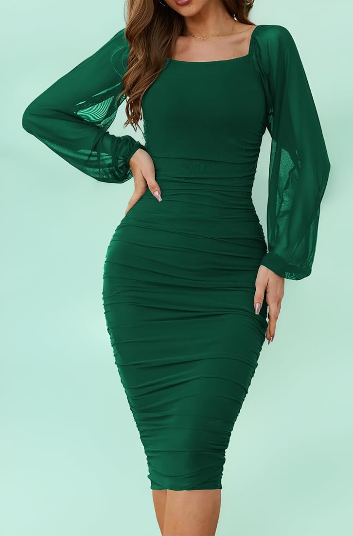 Buy CYiNu Women's Elegant Ruched Bodycon Midi Dress Square Neck Long Puff  Sleeve Mesh Cocktail Party Dresses, Green, XS at Amazon.in