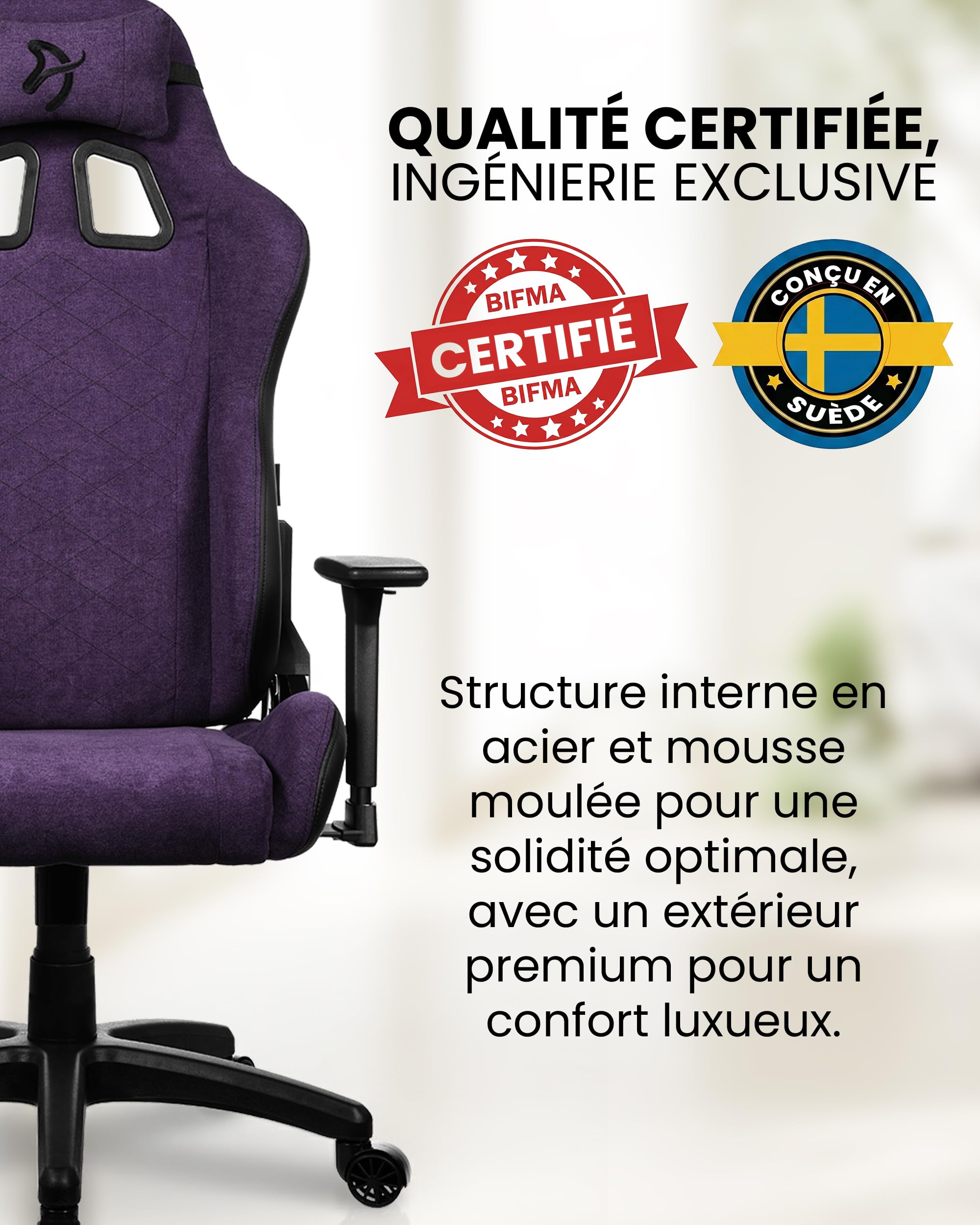 Arozzi Avanti Chaise Gaming Tissu Doux Violet | ergonomique, réglable en hauteur, dossier & accoudoirs, coussin de tête, design suédois, télétravail