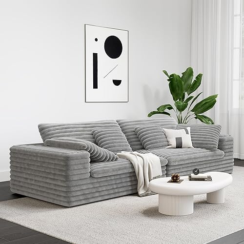 LIKIMIO 112" Modern Modular Sectional Sofa for Living Room, Oversized Luxury Couch with Comfy Cushions, Extra Deep 34" Seat, No Assembly Required, Plush Corduroy Upholstery, Grey