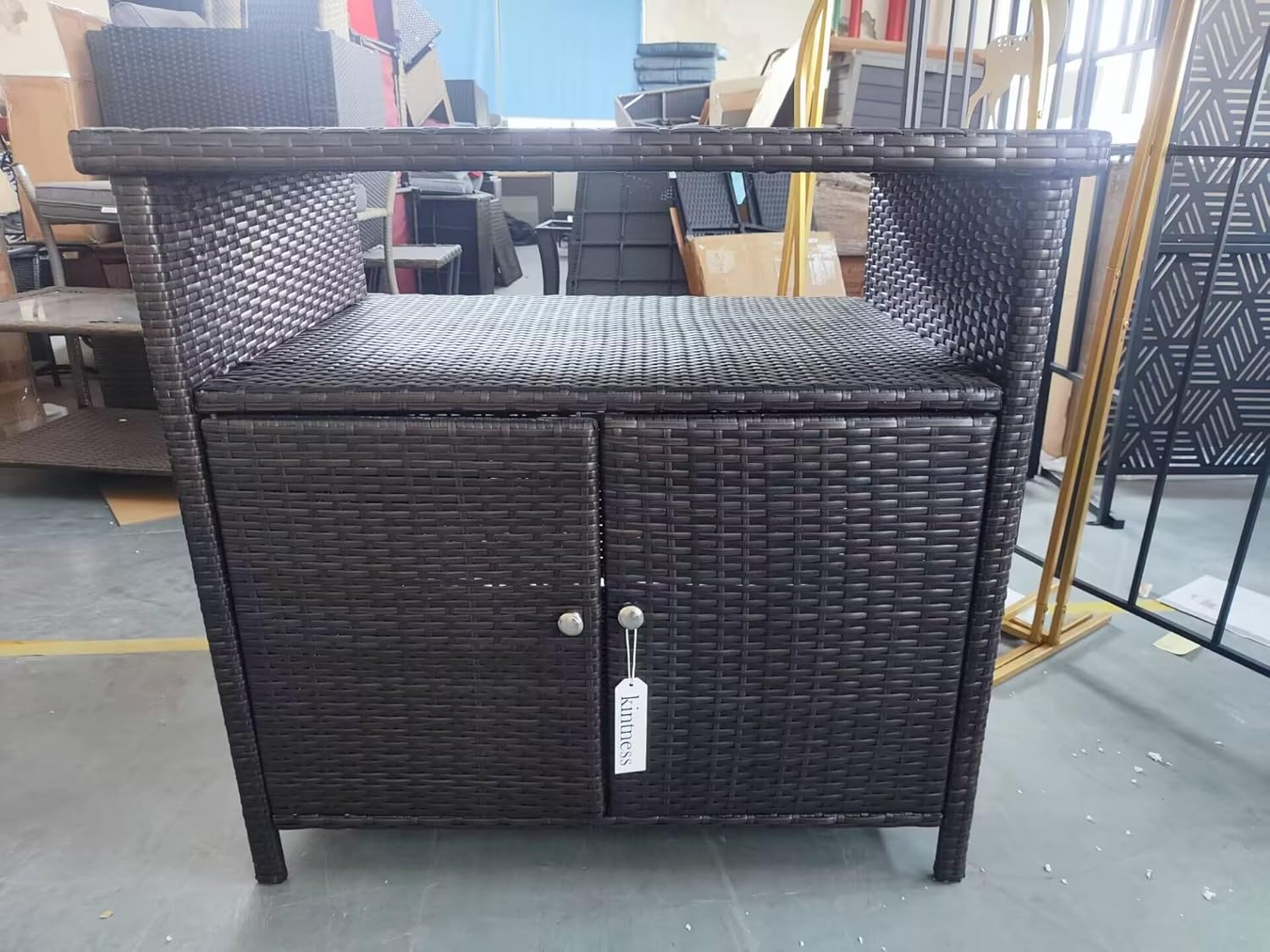 KINTNESS Patio Bar Table with Two Doors and Shelves, Outdoor Wicker Storage Cabinet, Console Table Dining Table with Aluminum Tabletop for Patio Island Home Party Bar (Brown)