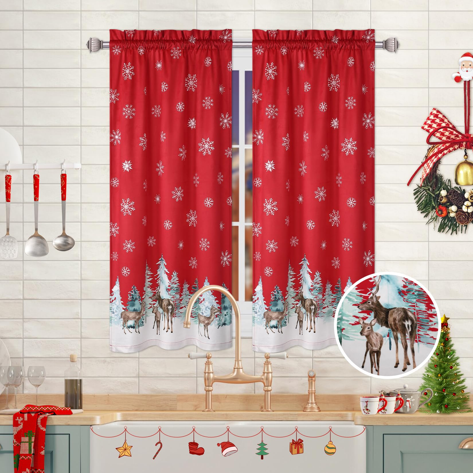 ROYGROW Christmas Velvet Kitchen Curtain Christmas Decoration Cafe Curtain 45 Inch Tier Curtains Window Treatment Rod Pocket for Home Decor 2 Panels for Bathroom, Living Room Christmas Decoration