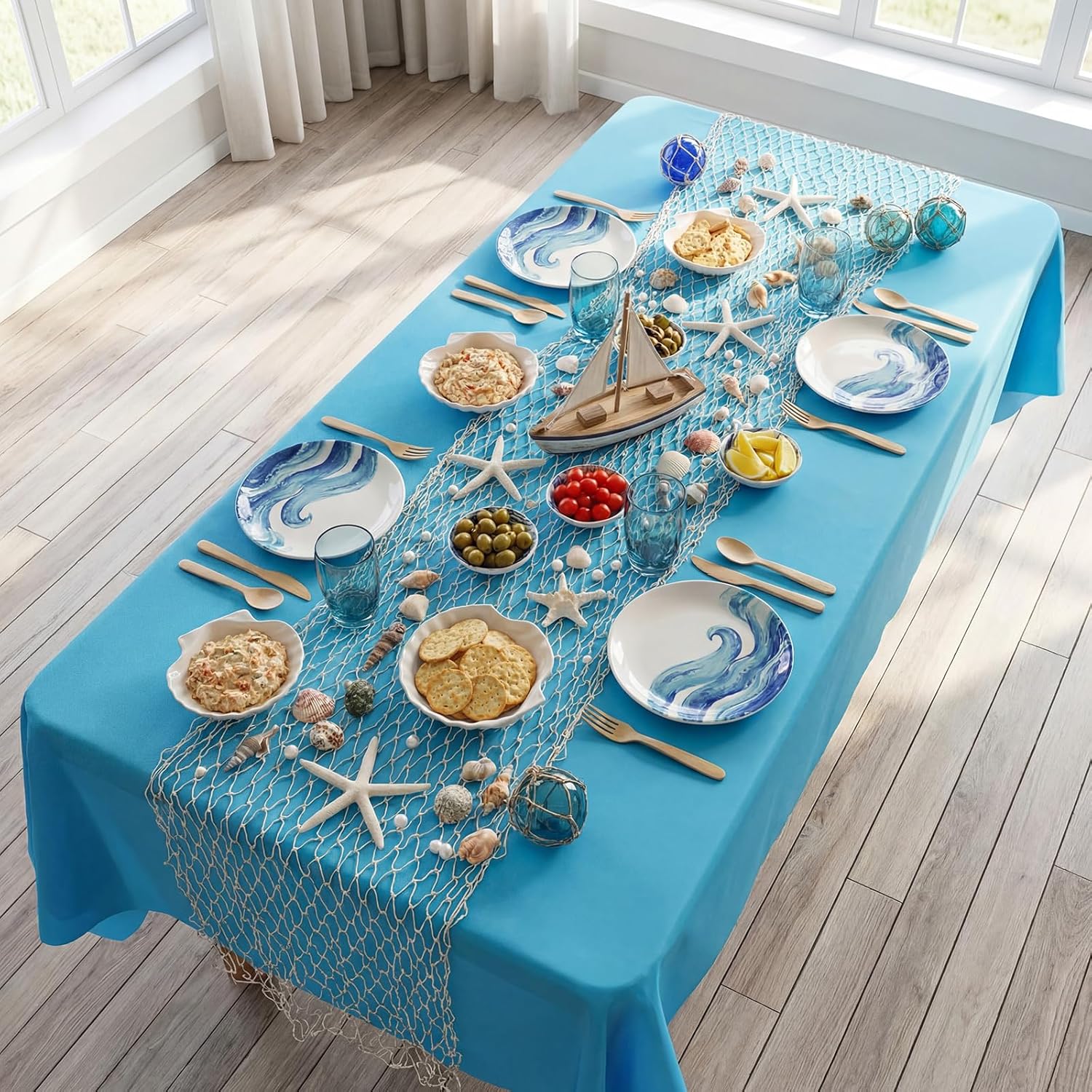 Novabright 158 Pcs Beach Party Decorations Tablecloth Ocean Themed Fish Net Table Decor Set with Disposable Tablecloth Natural Seashells Starfish Conch for Under The Sea Summer Birthday Mermaid Party