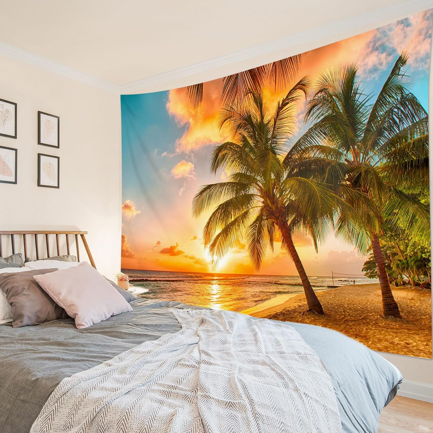 HVEST Beach Palm Tree Tapestry Wall Hanging, Nature Sunrise and Sunset Scence Tapestry, Ocean Coastal Landscape Tapestry for Living Room Bedroom Aesthetic Decor, 70.9L x 92.5W Inches