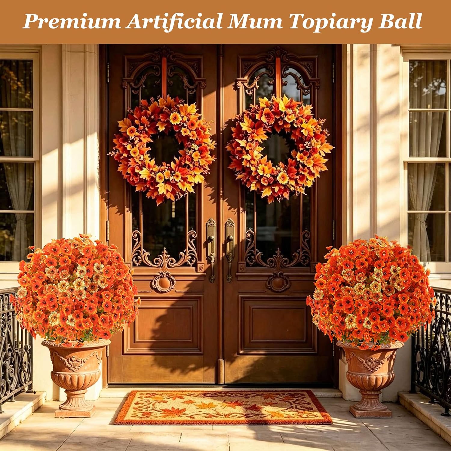 Quilroly Dense Fall Artificial Mums Topiary Ball Trees 2-Pack UV Resistant | Orange-Yellow Mixed, Realistic Fall flowers, UV Resistant, Ground Spike, PE & Silk, Easy to Shape, for Porch Patio Garden