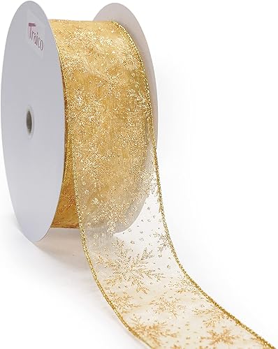 Cinta de organza dorada con copos de nieve con purpurina de 2.5 pulgadas x 50 yardas (150 pies) para decoración del hogar de Navidad, envolver