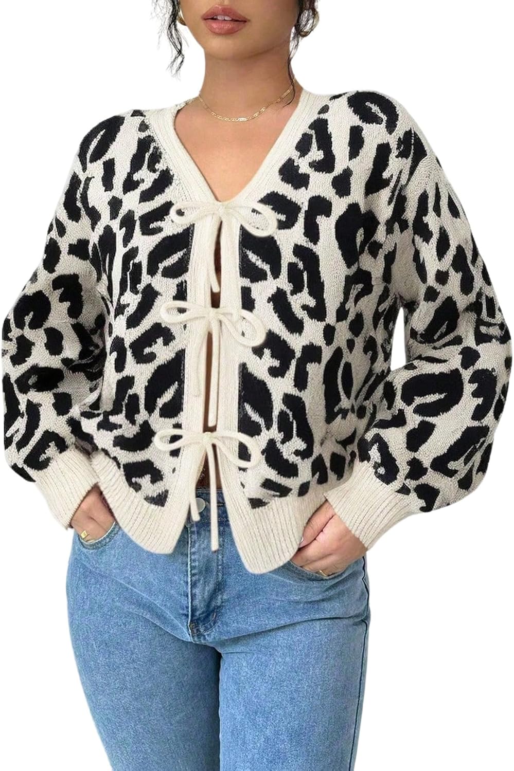 GORGLITTER Leoprint Strickjacke - Langer Cardigan Mit V-Ausschnitt