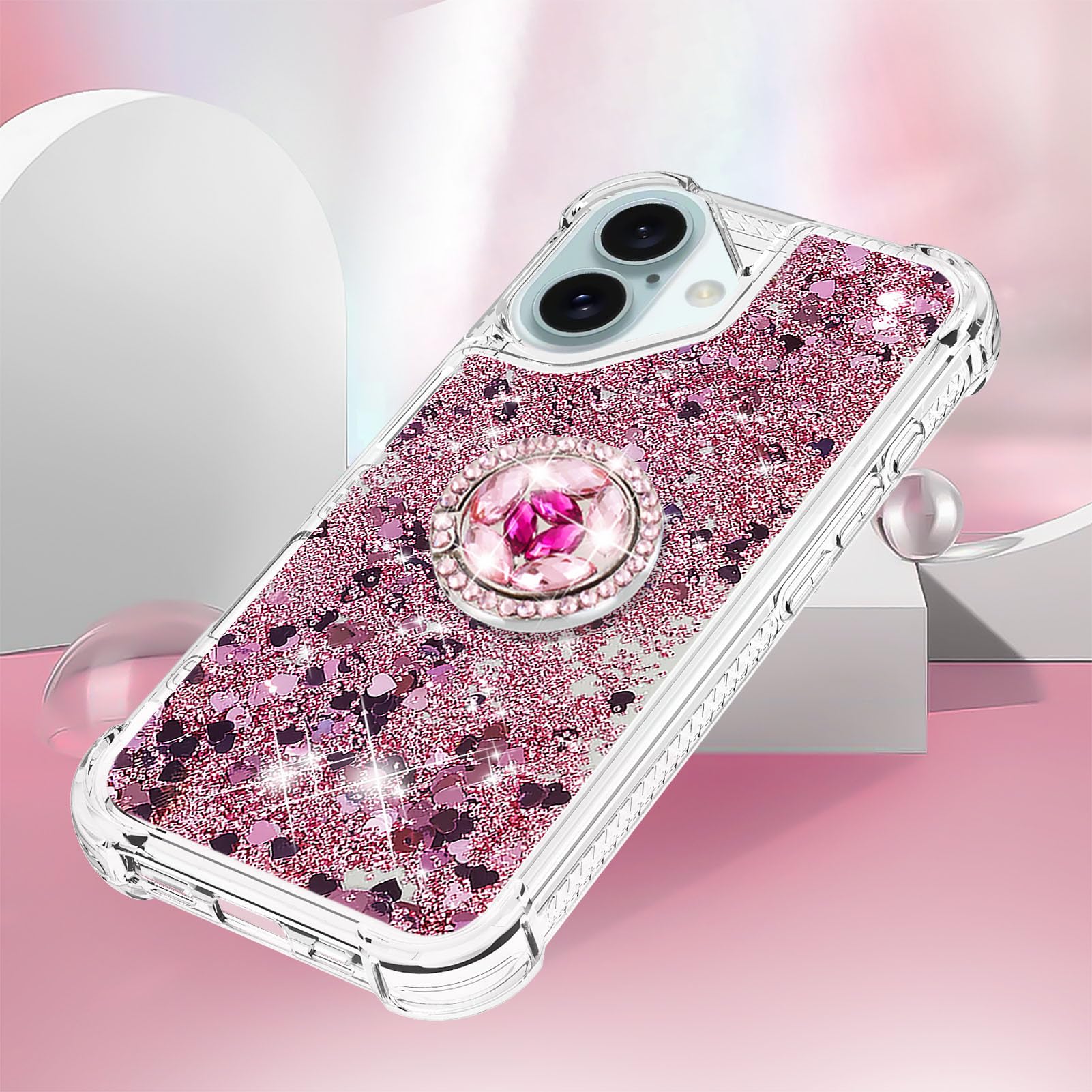 Custodia IPhone 16e Con Cavalletto Ad Anello - Glitter Sabbie Mobili, Rosa, Trasparente - Foto 4