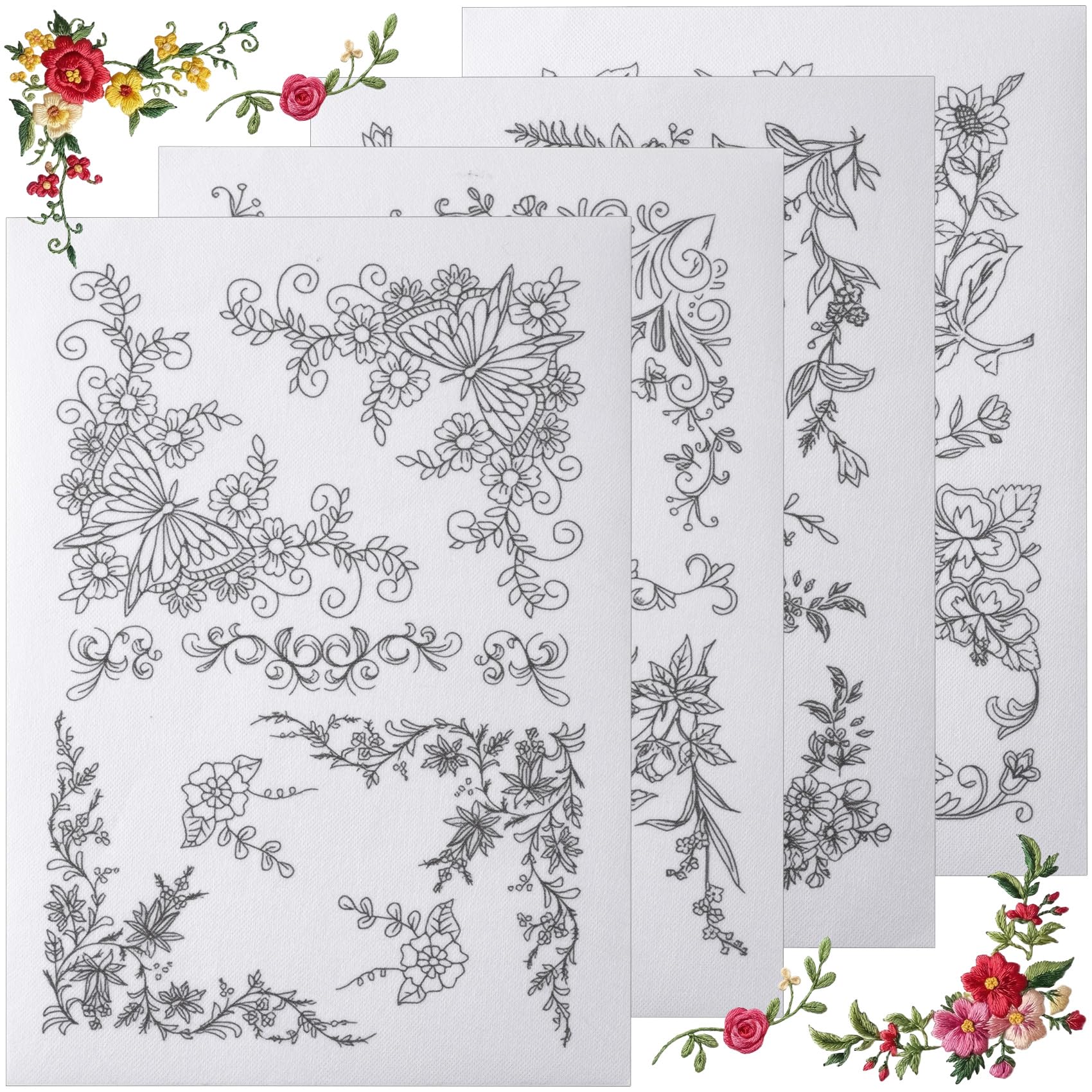 Feuilles de broderie solubles motif floral noir pour canevas et couture créative