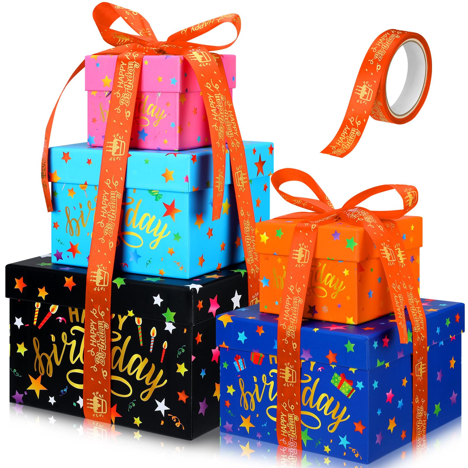 Geyoga 5 Pcs Birthday Gift Boxes Square Nesting Boxes with Lids Square Box 5 Assorted Sizes Stackable Gift Box for Mother's Day Wedding Party Present Packaging(Birthday)