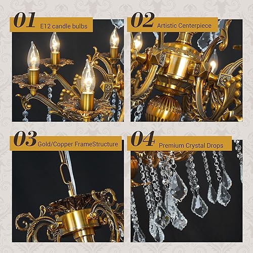 Miniatura 10 de CHGUOSZ Candelabro de cristal de bronce antiguo dorado para comedor, lámpara colgante de techo para sala de estar, dormitorio, pasillo, granja,