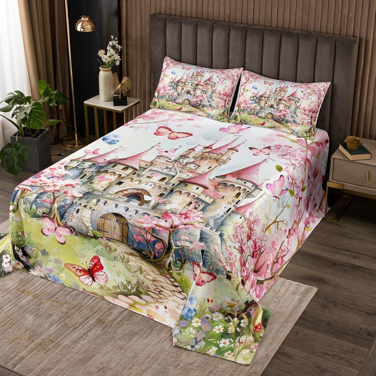 Girls Castle Bedspread King Size,Princess Dreamy Bedding Sets for Boys Teens Adult Room Decor,Colorful Butterfly Floral Comforter Set Fairytale Watercolor Style Quilt Set,2 Pillowcases