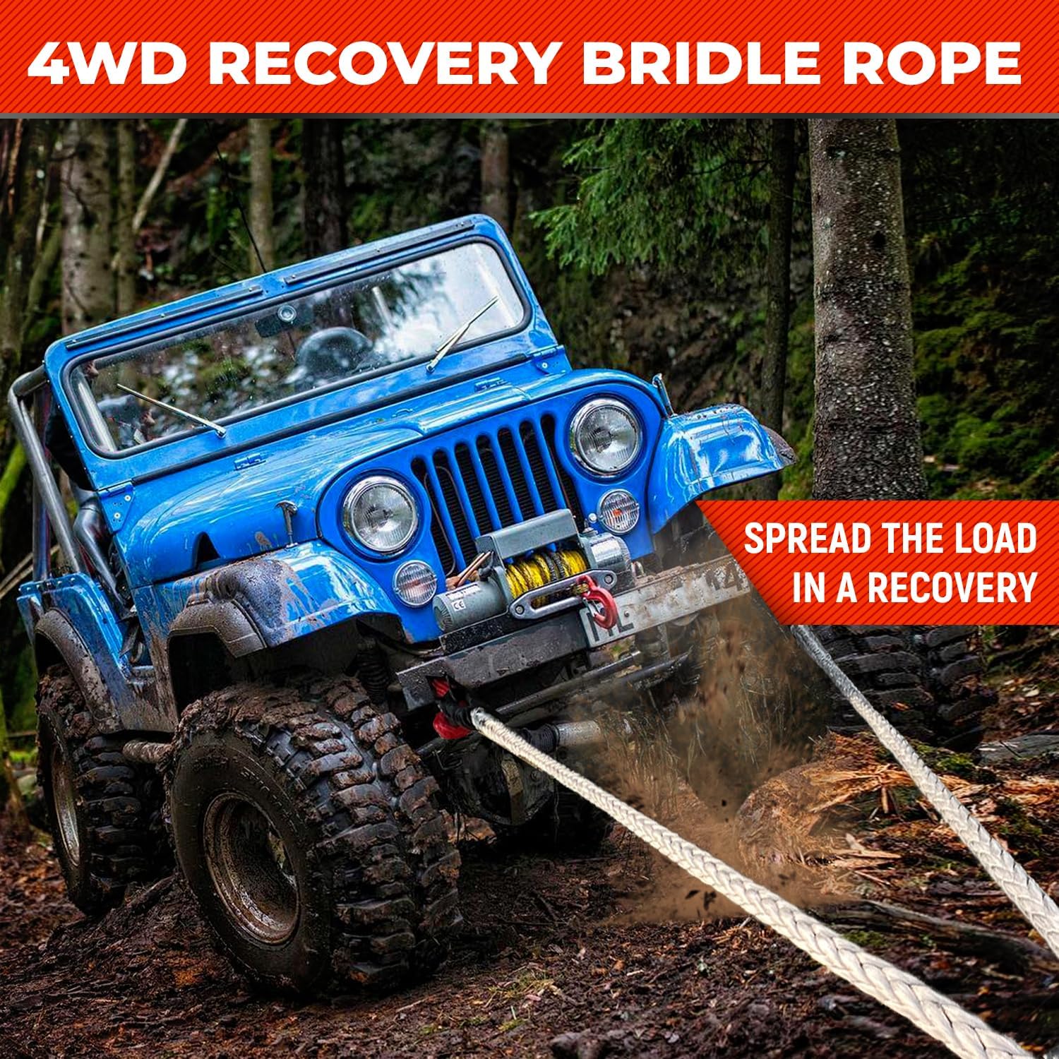 Tree Saver Tow Strap 1/2/'' x10' - Bridle Recovery Rope W.L.L. -9000 lbs - Heavy Duty Winch Extension - Emergency Off Road Recovery Rope (Grey, 1/2x10) (JL2304-BR)
