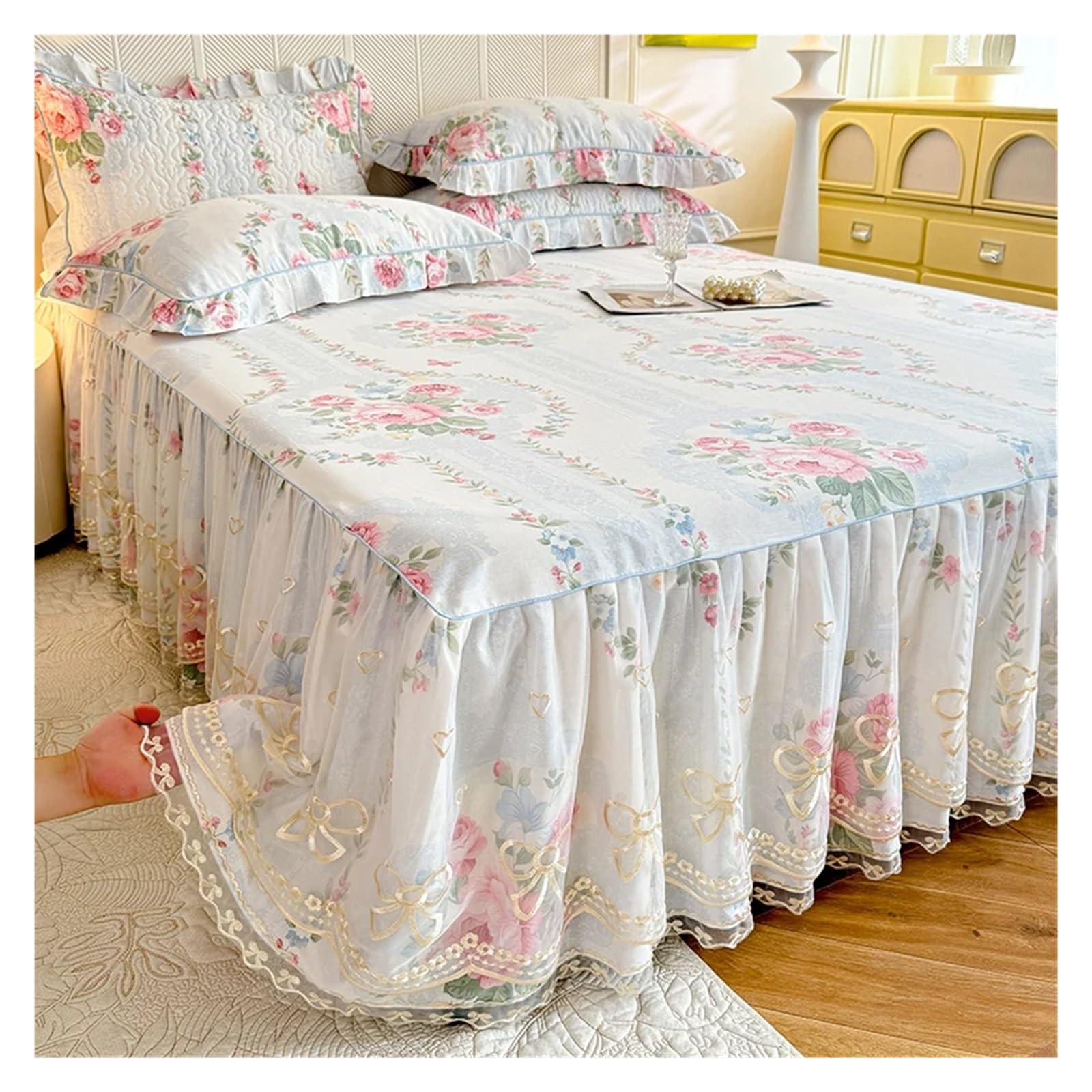 Falda De Cama De Encaje Falda de Cama de algodón, Colcha Estilo Encaje, Colcha Floral, Funda de Cama, Protector de colchón Agradable for la Piel Cubre Canape(Luoxiangyimeng Fen,180x200x40cm 1pc)