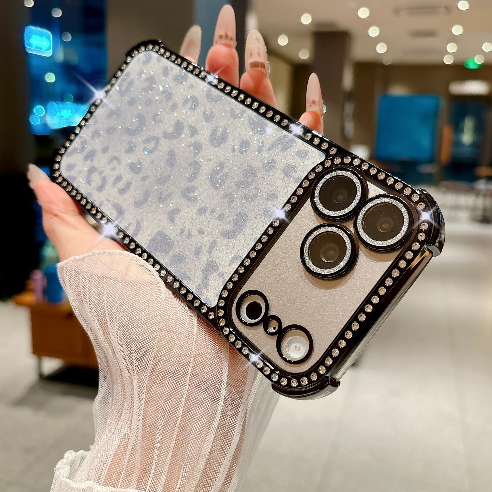 Generic Funda compatible con iPhone 14 (patrón: leopardo negro) con purpurina, carcasa trasera de silicona dura para lente de cámara