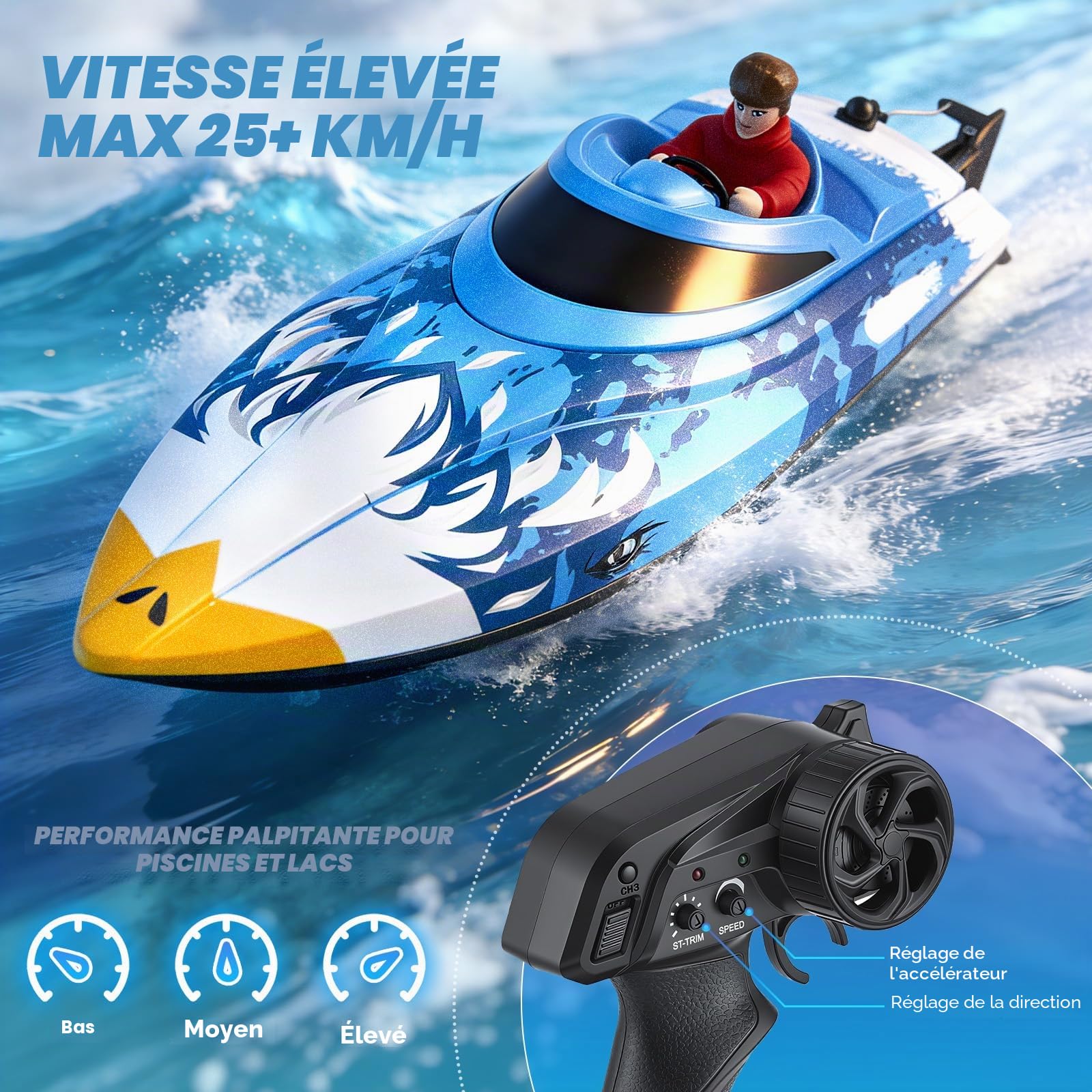 Bateau Télécommandé RC 25 km/h - Télécommande 2,4 GHz avec Portée 120m - Bateau Rapide Étanche avec LED & Fonction Flip - 2 Batteries & Refroidissement Eau pour Piscine Lac Adultes Enfants, Bleu