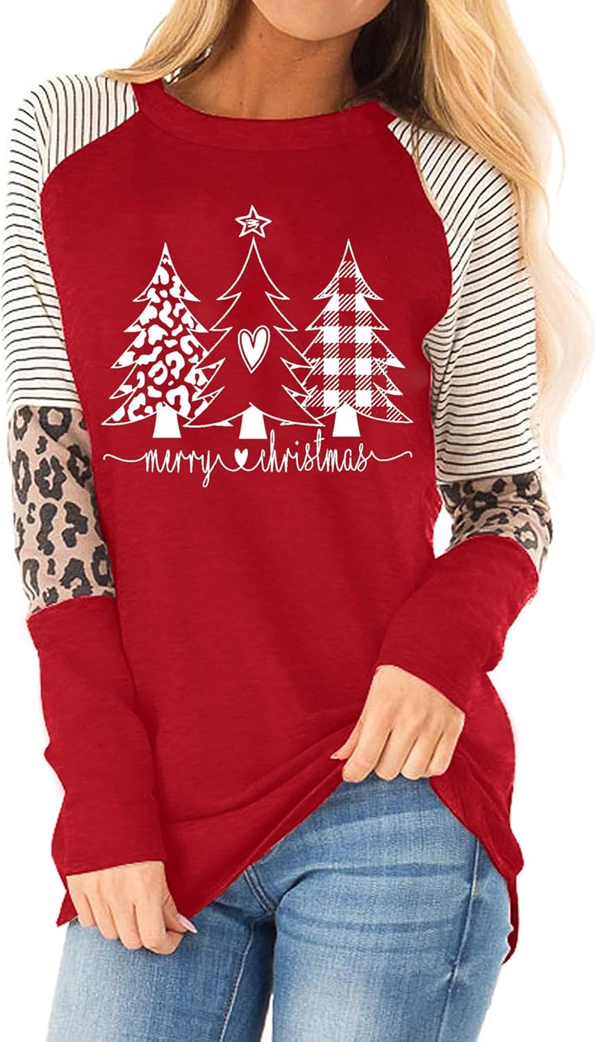 Christmas Snowman Snowflake Leopard Striped T-Shirt Women Cute Graphic Long Sleeve Casual Tunics Tops