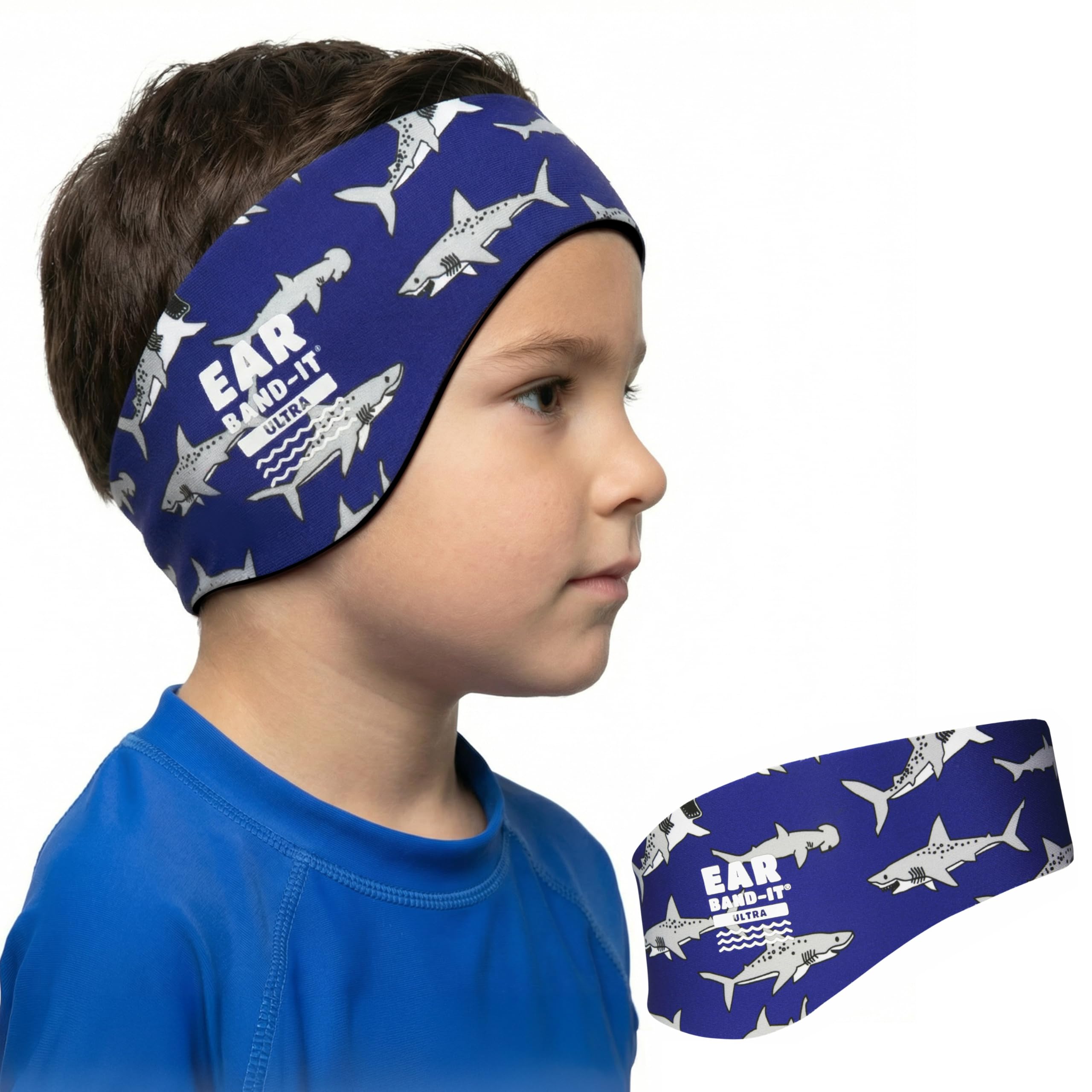 Ear Band-It Ultra Swimming Headband (Keep Water Out, Hold Earplugs in) Doctor Recommended Medium (Ages 3-8) - Shark