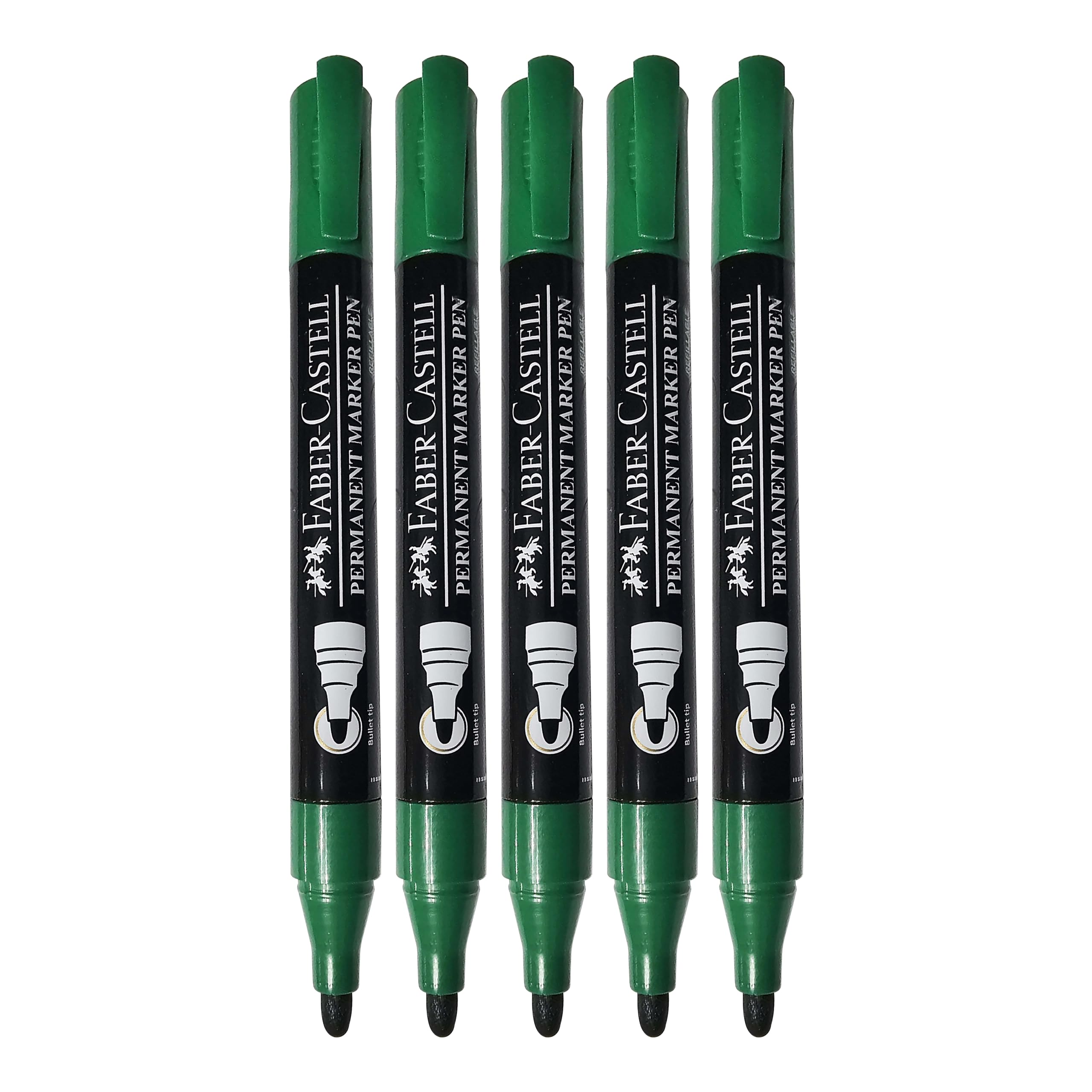 Faber-Castell Permanent Marker Pens, GREEN, Bold Point (2.5mm), Pack of 5, Waterproof Dense Markers, Refillable, Writes n Marks on Most Surfaces