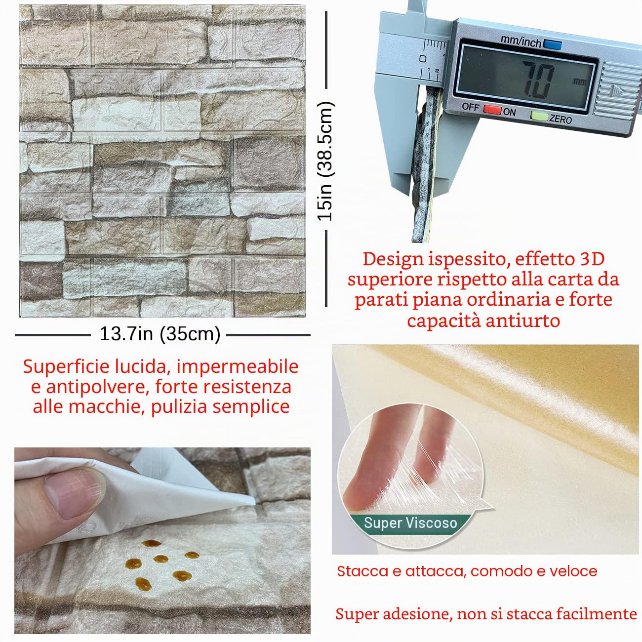 10 pannelli da parete 3D, con pellicola adesiva in schiuma, motivo mattoni 3D, staccabili e incollati, carta da parati autoadesiva (10 pezzi, colore roccia)