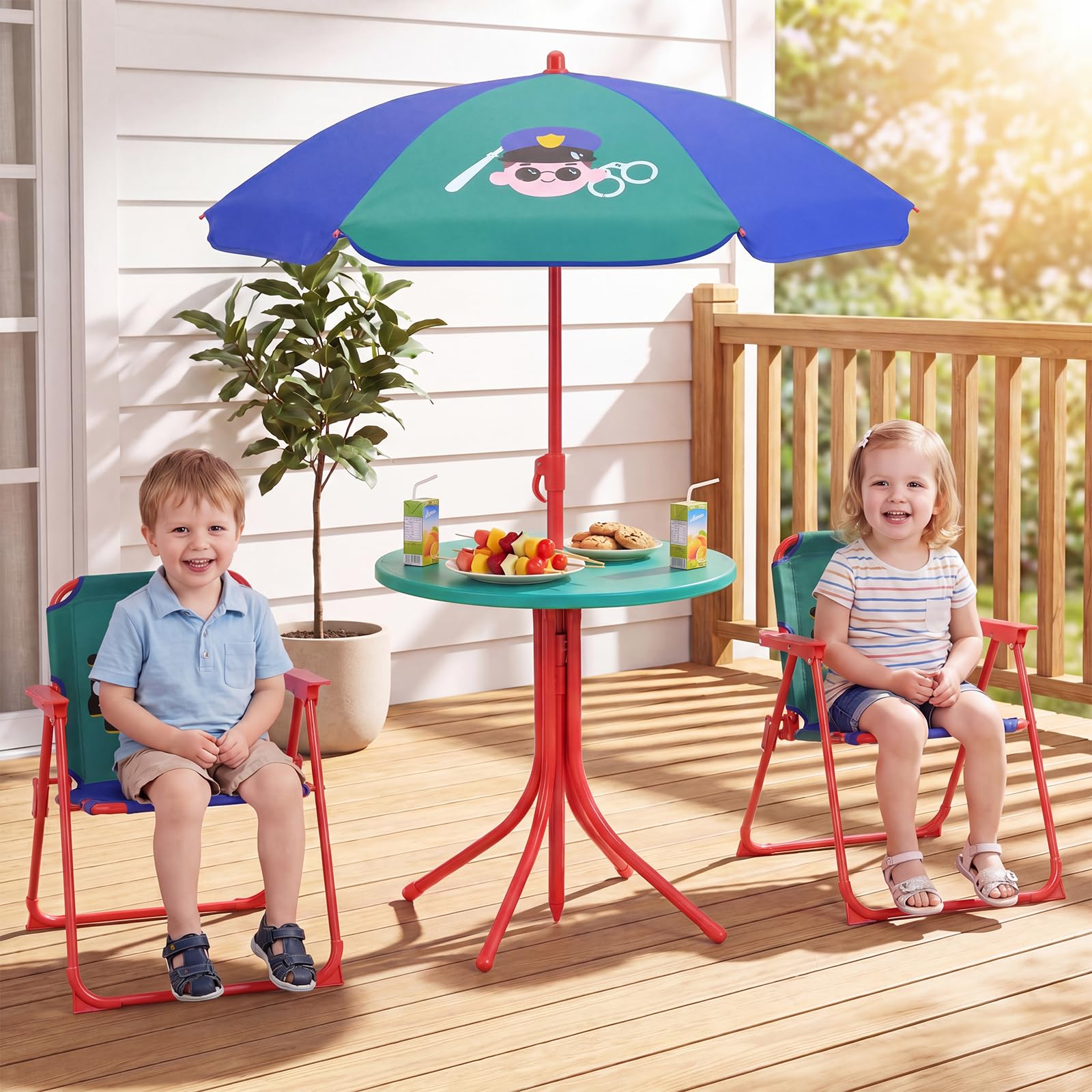 GOPLUS Juego de Mesa Picnic y Silla Playa para Niños, Mesa de Actividad Plegable Infantil con 2 Sillas Plegables y Sombrilla de Altura Ajustable, Mueble de Patio Portátil (Azul)