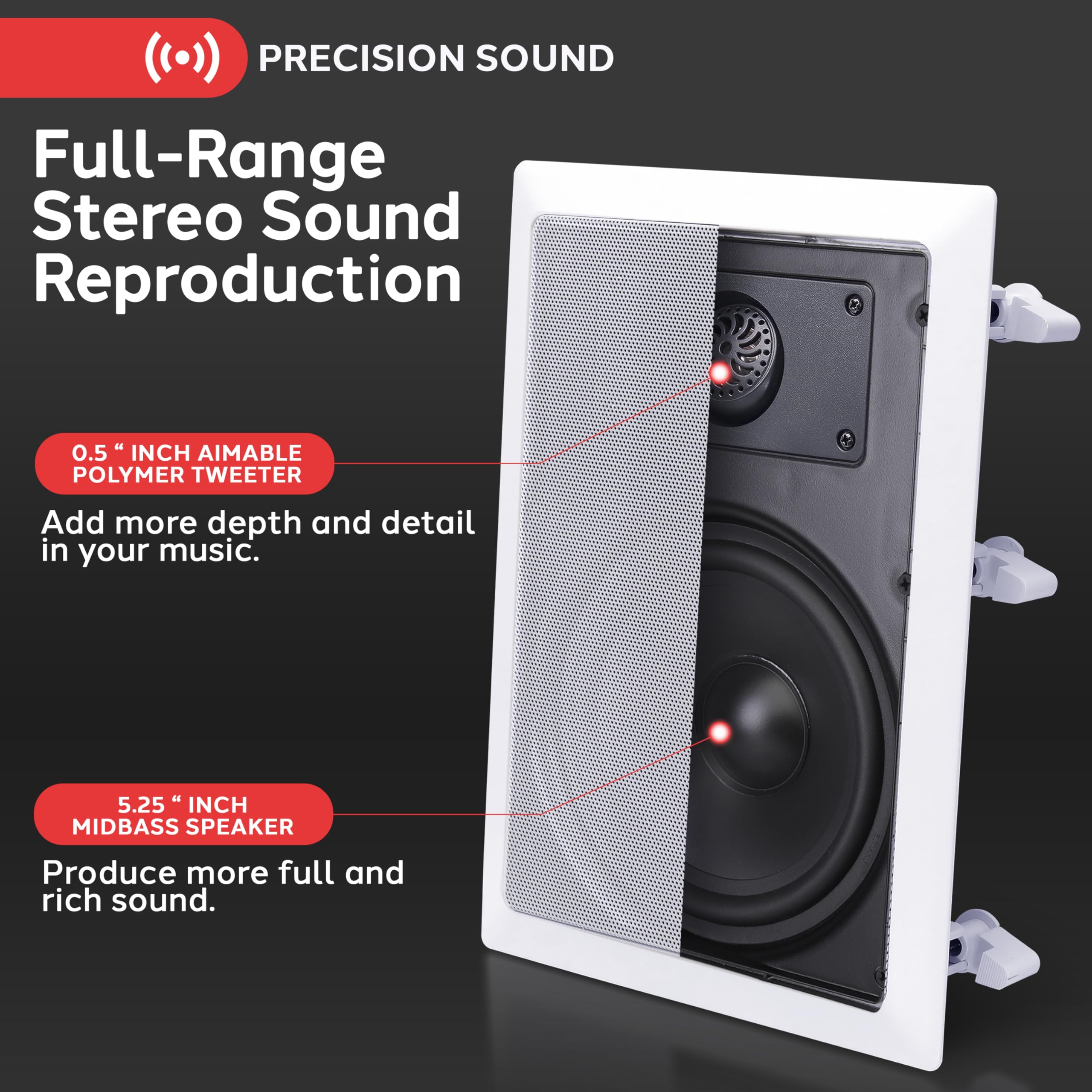 Pyle głośniki stereo ścienne/sufitowe 150 W 5.25'' – 2-drożne głośniki wpuszczane stereo | Głośnik średniotonowy 5-1/4'' – biały (para)