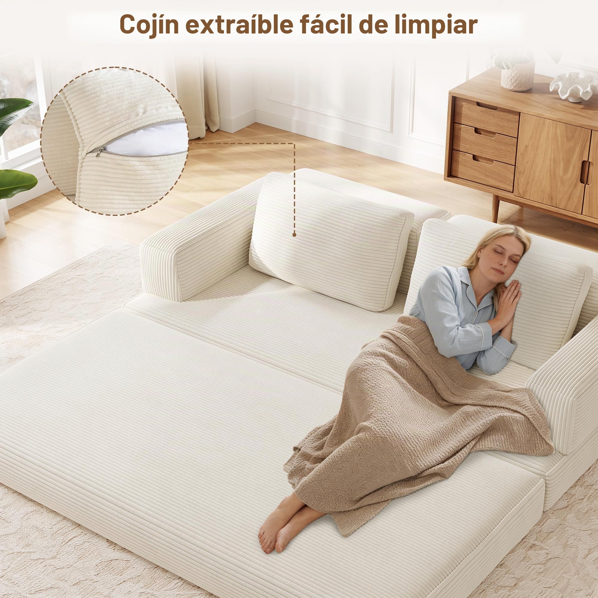 Sofá Cama 2 Plazas 160 cm, Sofá de Suelo Modular con Función de Dormir, Sofá de Nubes de Pana con Cojín para Sala de Estar y Dormitorio (Blanco)