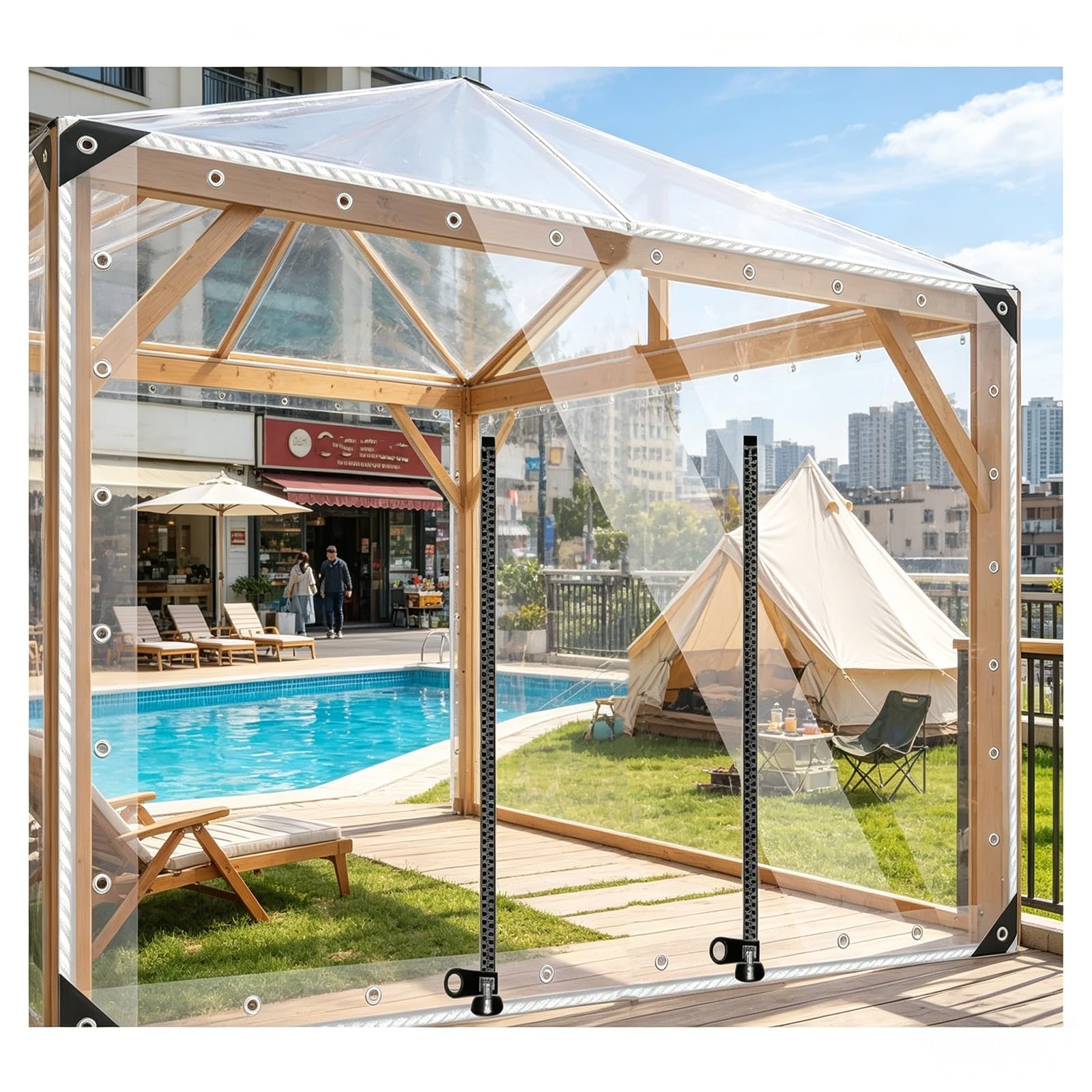 Transparent tarpaulin waterproof with zipper door，clear tarps heavy duty waterproof，clear tarps with grommets，outdoor patio cover，for Pergola, Porch, Gazebo, Cabana(H1.6xW4.5m/H5.2xW14.7ft)