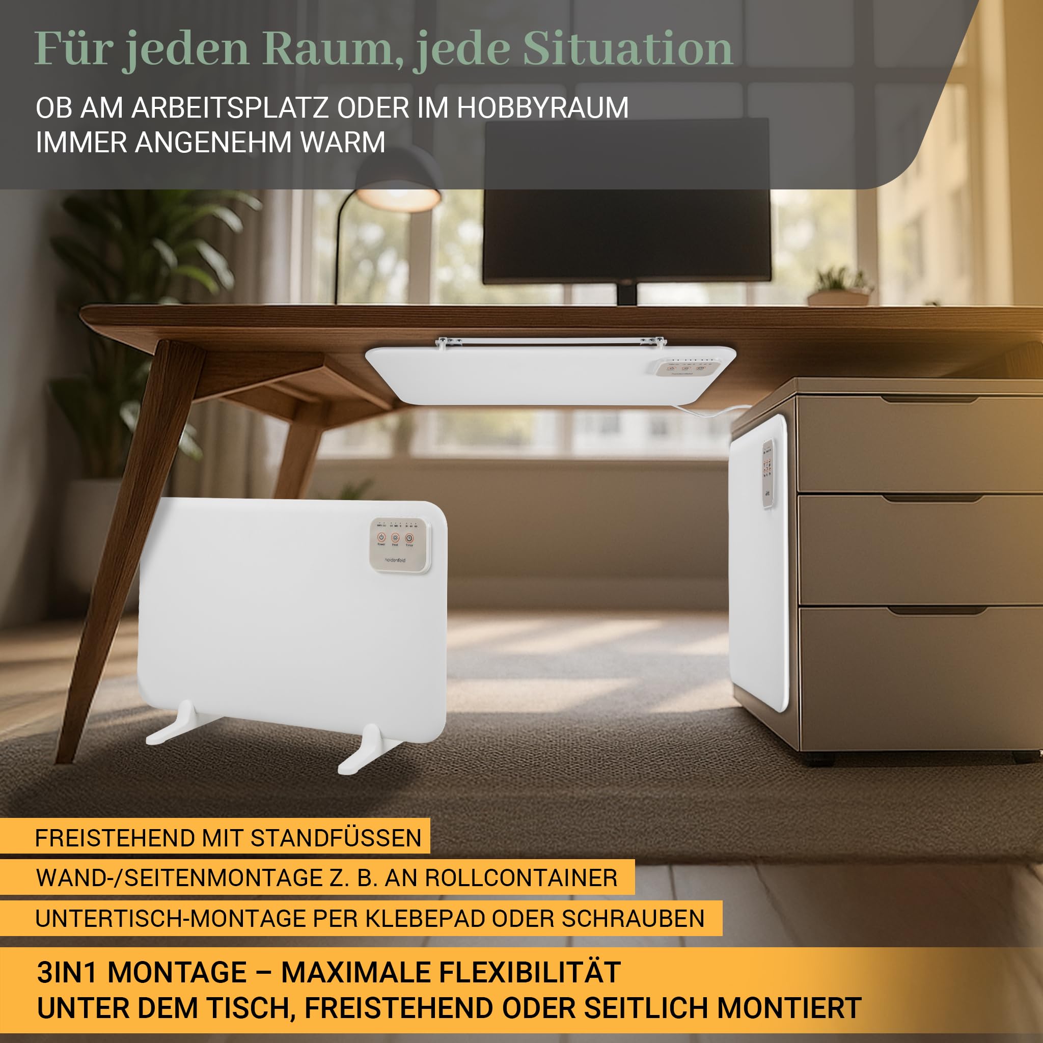 Heidenfeld Infrarotheizung HF-TH120 | 120 Watt Tischheizung | Heizkörper - Infrarot Heizstrahler - Elektroheizung - Heizung elektrisch - Heizplatte - Infrarotstrahler - Wärmeplatte - 3in1 Montage