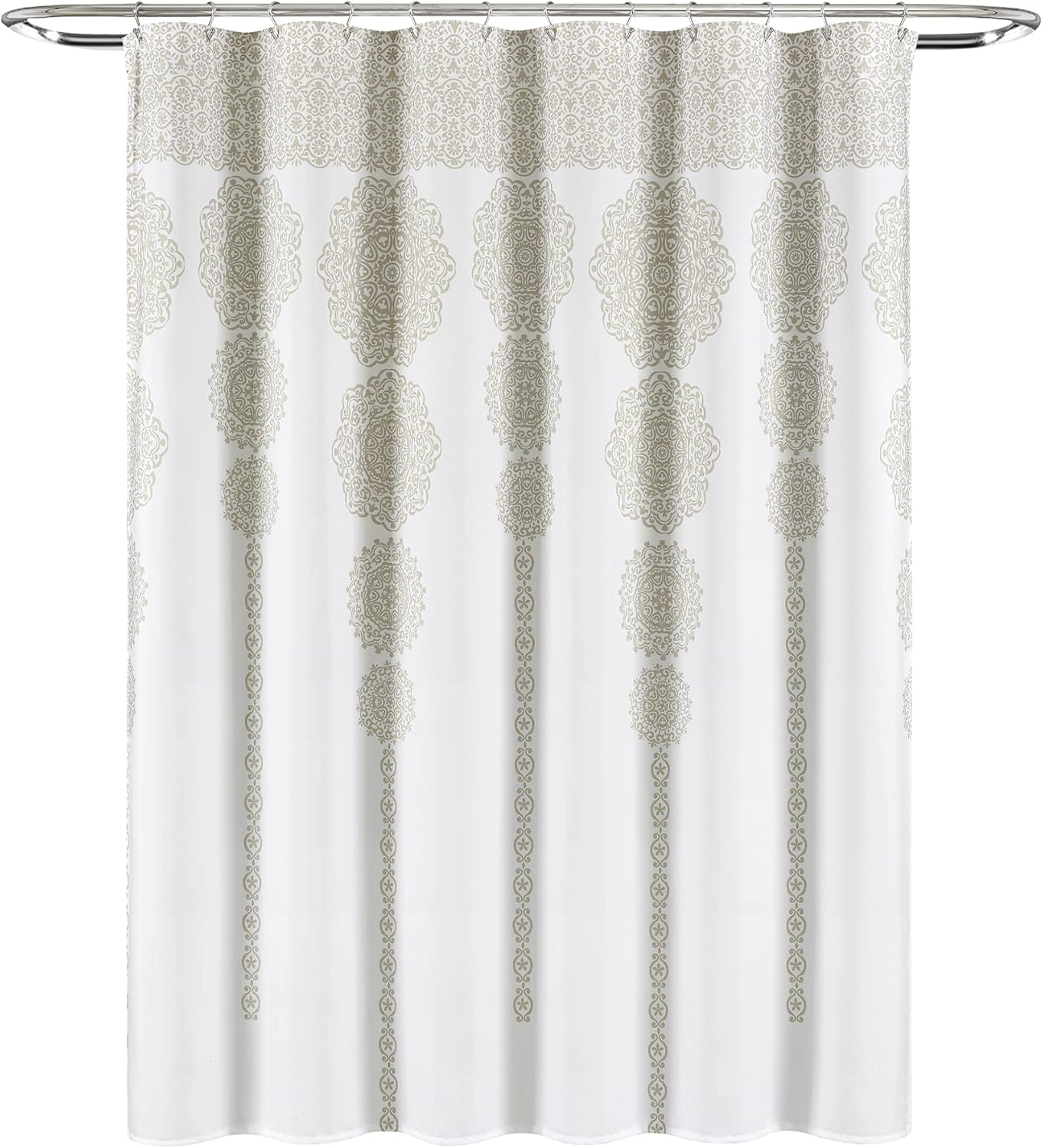 Lush Decor Stripe Medallion Shower Curtain-Fabric Mandala Bohemian Damask Print Design, 72" x 72", Neutral