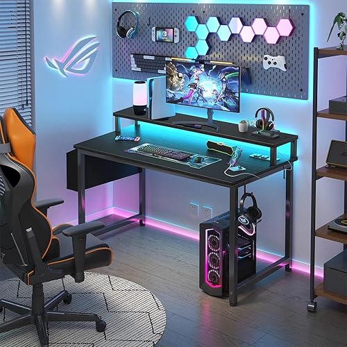 Miniatura 2 de Lufeiya Escritorio pequeño con tomas de corriente y luces LED, mesa de estudio de escritura para adolescentes de 32 pulgadas, escritorio para