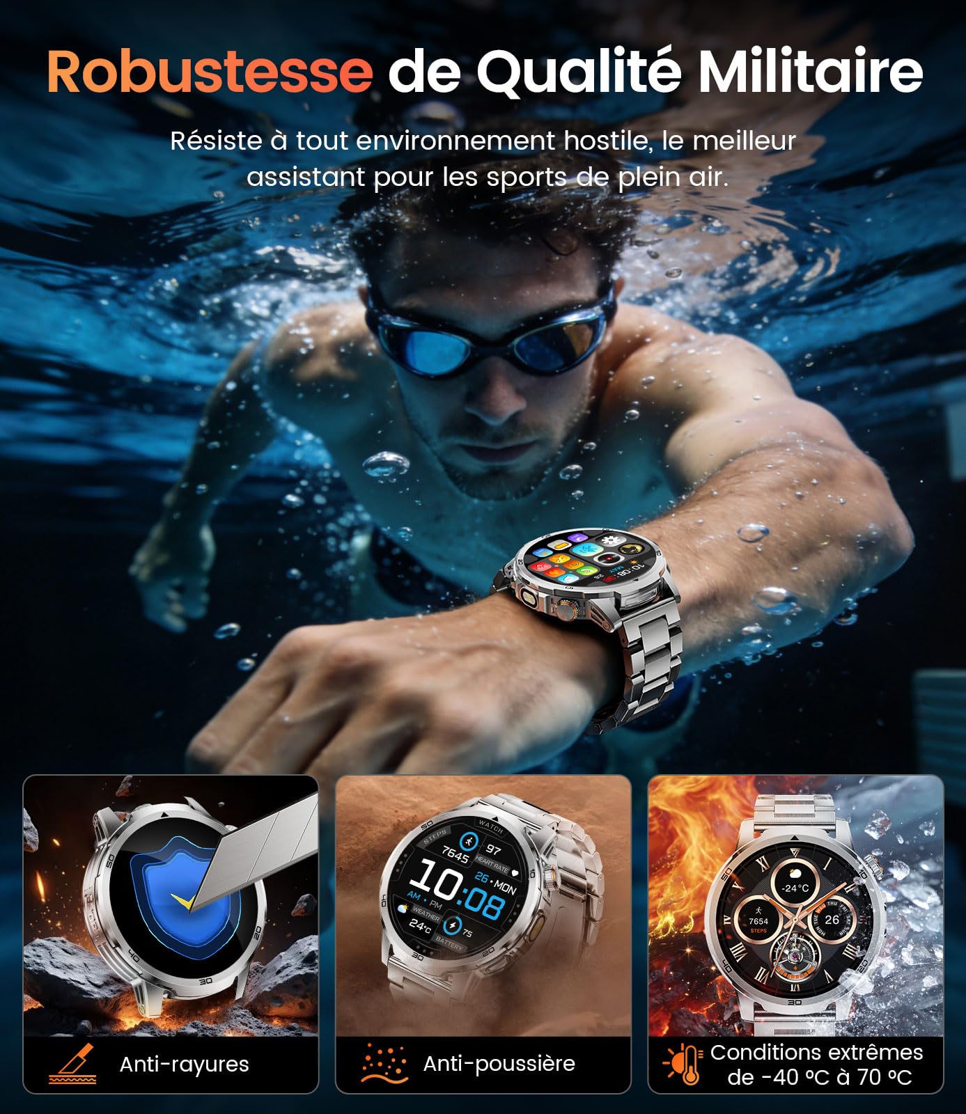 FITFLEX Montre Connectée Homme Appels Bluetooth, Batterie 1000mAh Smart Watch avec 1,85" HD écran, 120+Modes Sportifs, Lampe de Poche, Analyse de la Fréquence Cardiaque et du Sommeil,iOS Android