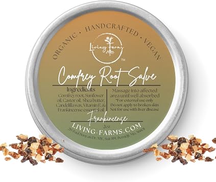 Handmade Comfrey Salve with Castor Oil & Frankincense -2oz - Vegan Friendly Natural Healing Balm - Aches, Sprains, Sore Muscles, Joints, Minor Pain - Made in The USA 2oz