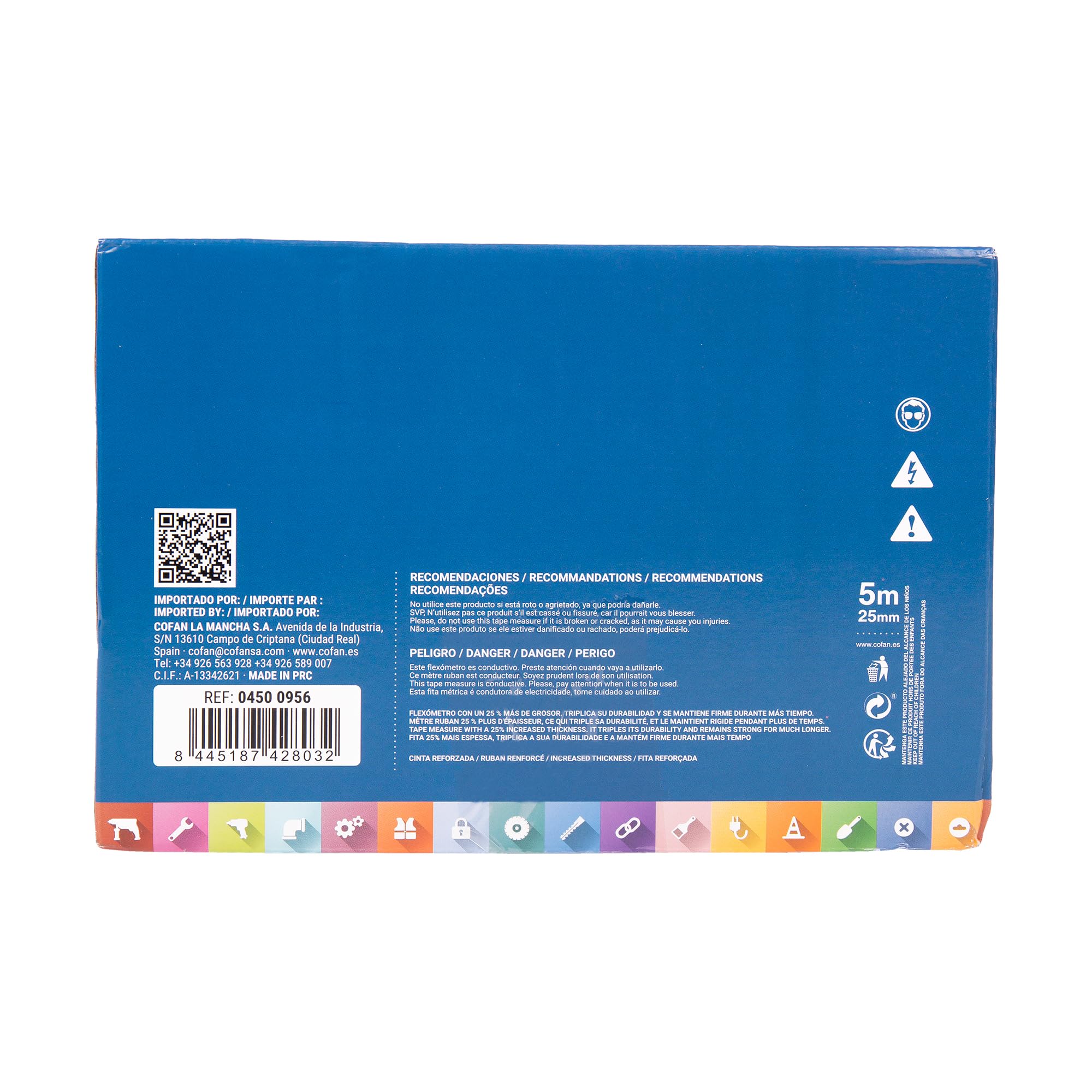 Cofan Cofan - Espositore per flessometri con blocco a lama, include 12 flessometri | Flexometro 5 m x 25 mm (foglia) | Misura espositore: 22 x 28 x 15,5 cm