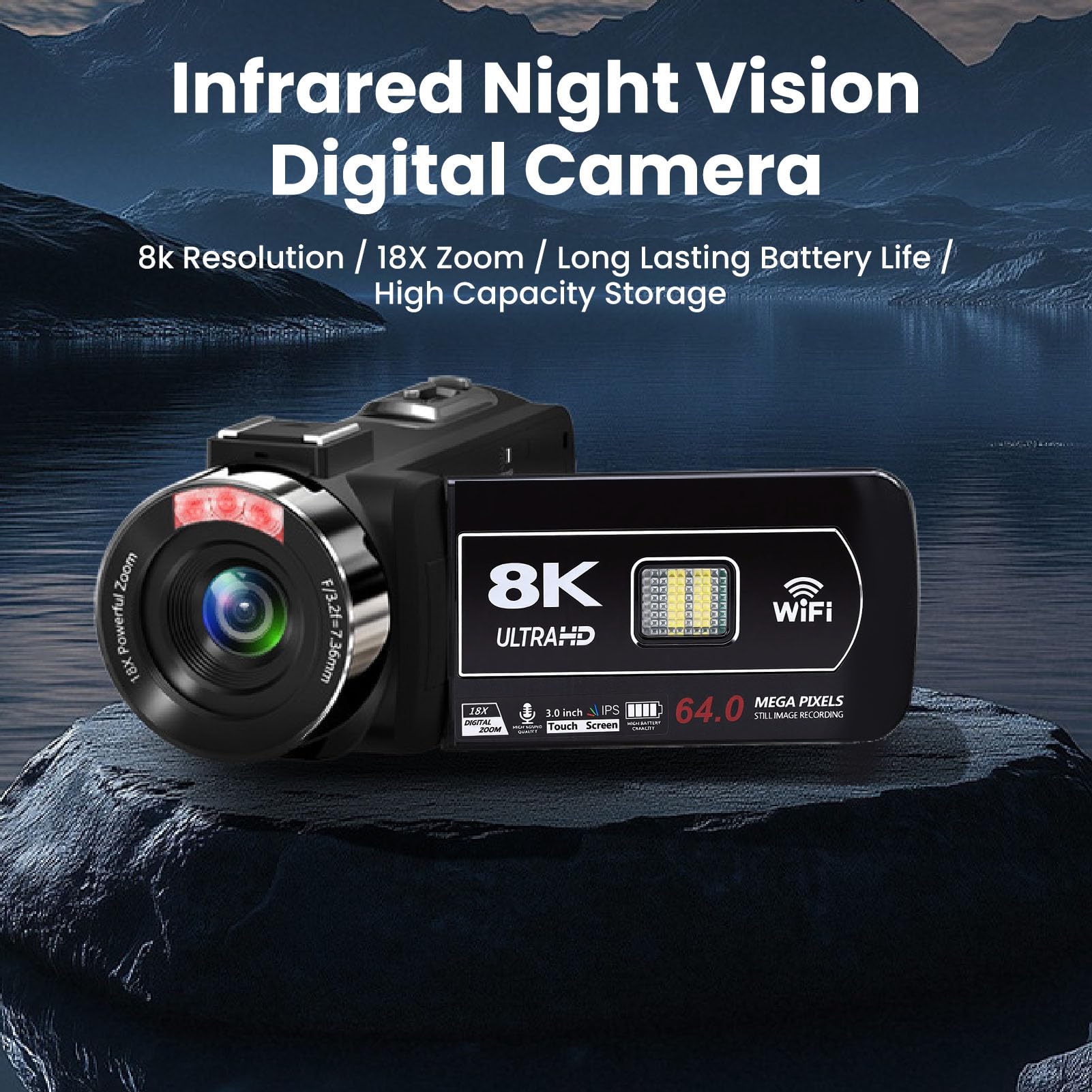 Videocámara con Cámara de Vídeo 8K, Zoom Digital de 18X, Pantalla Táctil de 3" con Visión Nocturna por Infrarrojos, Cámara Vlogging de 64MP, CámaraWeb WiFi, Control Remoto, Batería