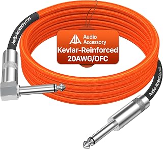 AA AUDIO ACCESSORY Right Angle Guitar Cable 10 ft, Nylon Braided Kevlar-Reinforced, 20AWG 99.99% OFC 1/4 Instrument Cable, Dual Shielded Amp Cord for Fender Electric Guitar, Neon Orange