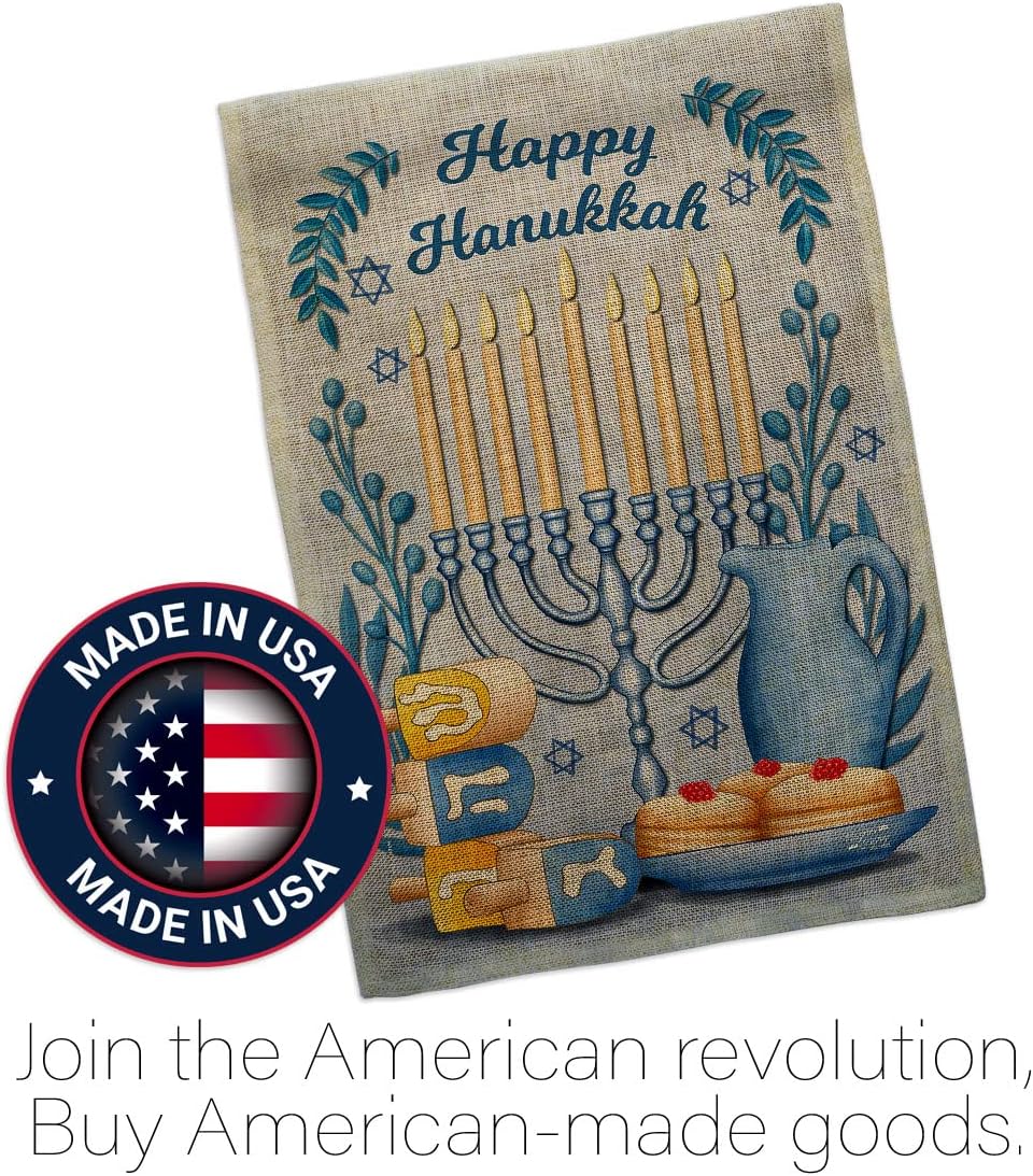 Happy Hanukkah Set Wall Holder Winter Candle Bonsai Menorah Jewish Chanukah David House Decoration Banner Small Yard Gift Double-Sided, Garden Flag 13"x 18.5", Thick Burlap